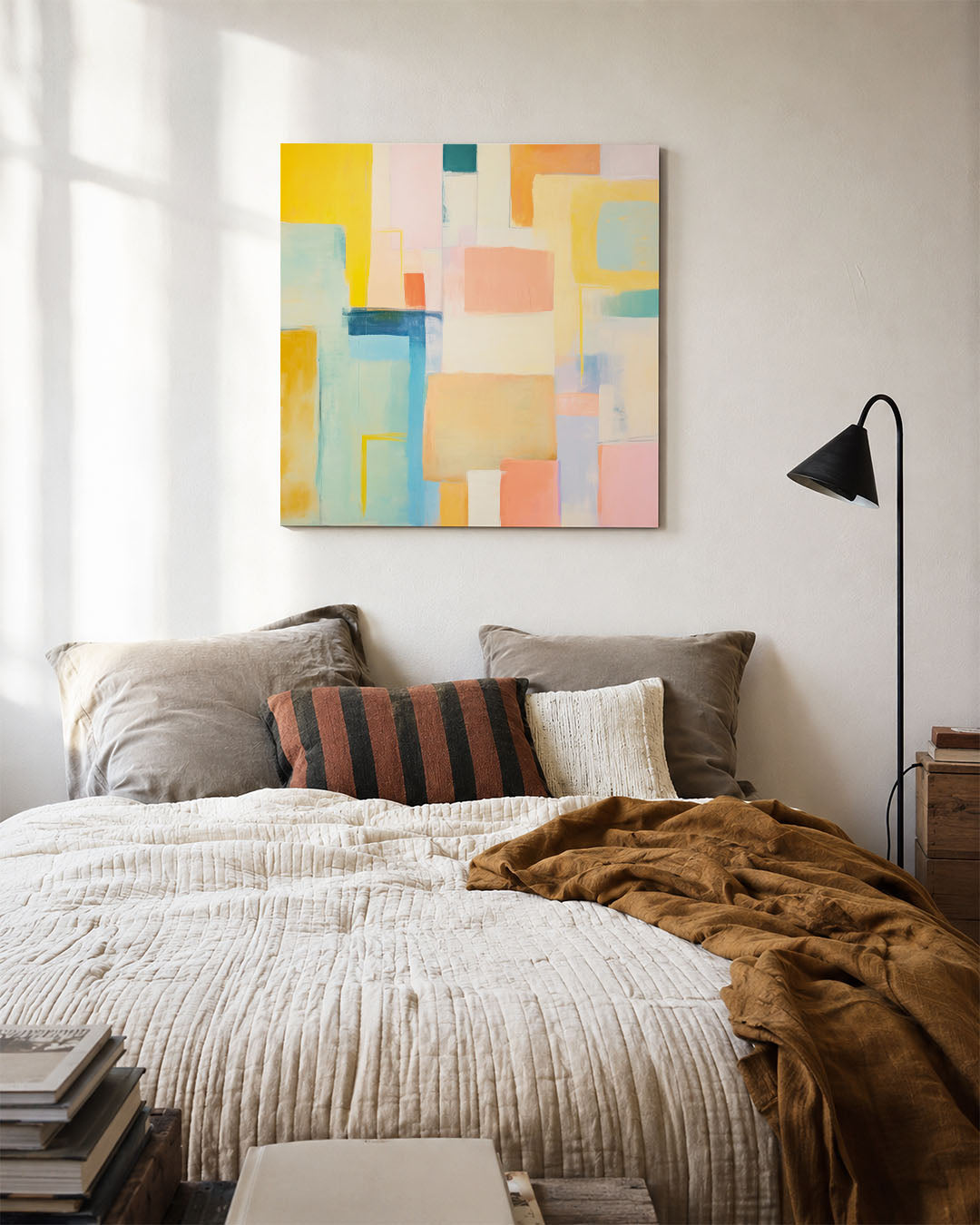 Kleurrijke geometrie kunstwerk – detailweergave – dit werk toont een levendige compositie van rechthoeken in zachte