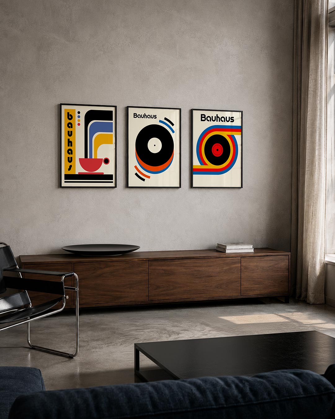 Kleurrijke lijnenspel posterset – tweede productweergave – deze posterset in drie delen toont een dynamisch lijnenspel met