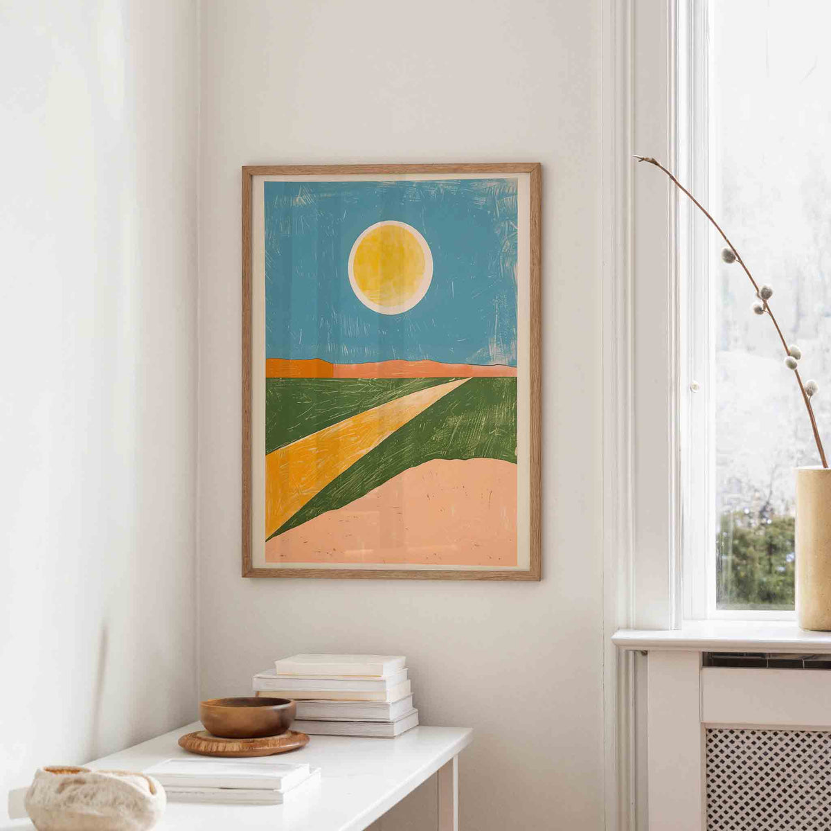 Zon en landschap – staande hedendaagse wanddecoratie van WallArtistic