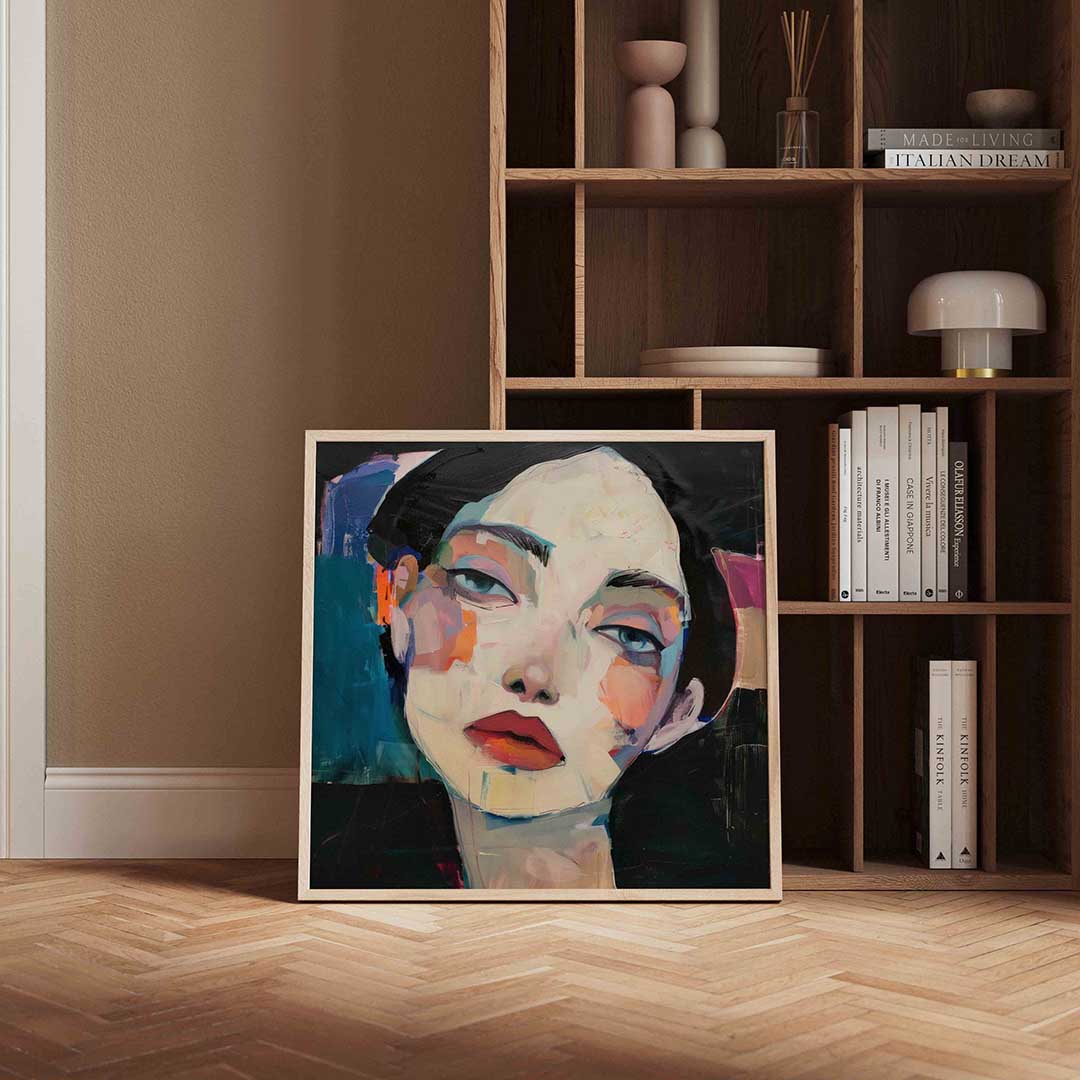 Portret met kleurrijke accenten – vierkante design wanddecoratie van WallArtistic