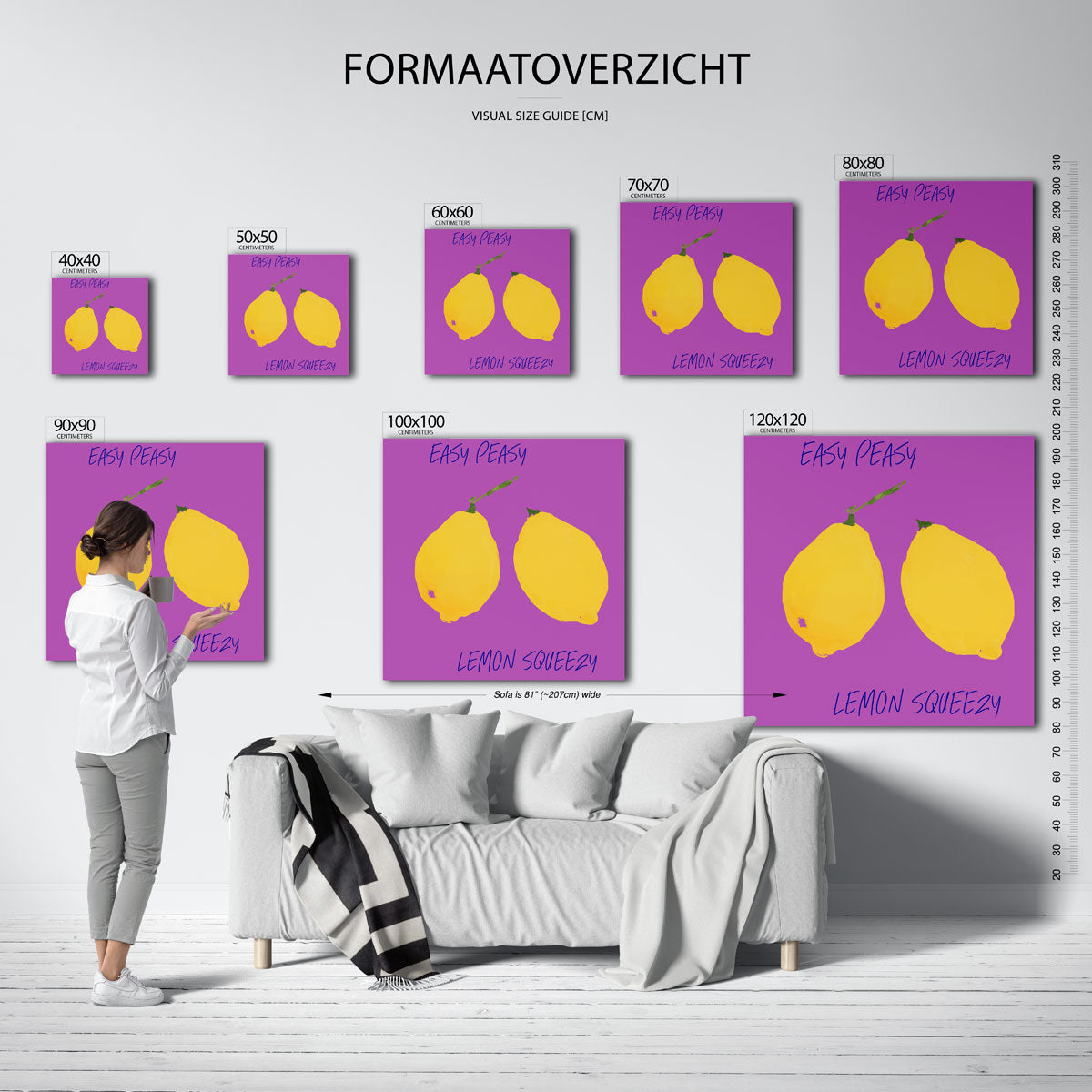 Citroenen op paarse achtergrond – vierkante muurposter voor keuken of eethoek