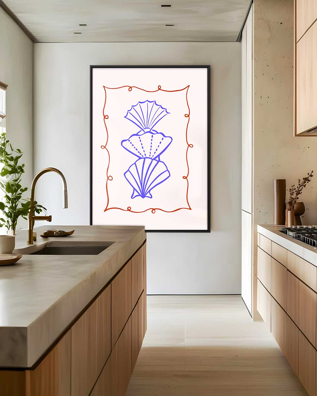 Schelpenspel in Blauw en Oranje – staand kunstwerk voor modern interieur