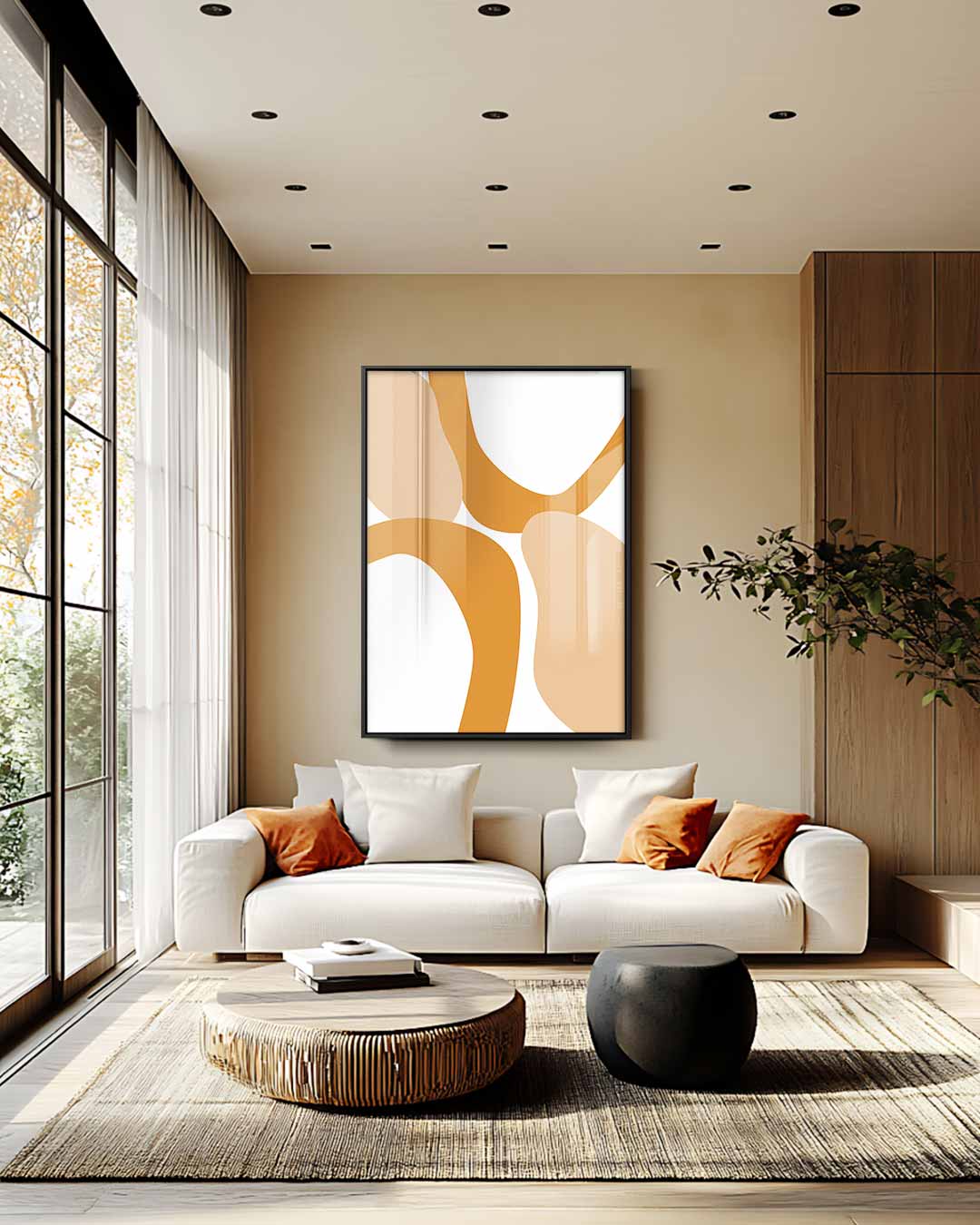 Abstracte Flow in Beige en Oranje – staande wandkunst voor woonkamer of interieur