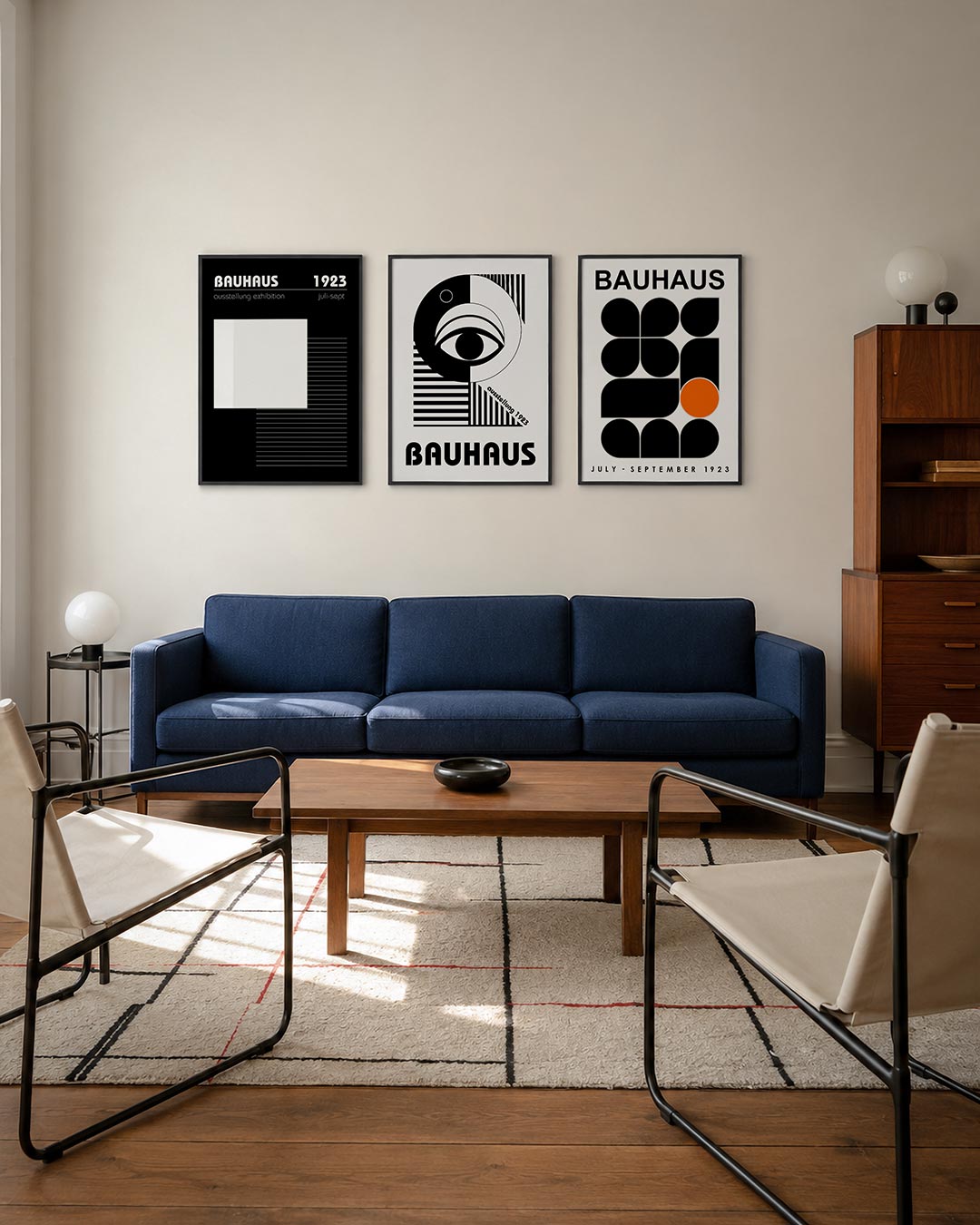 Lijnen en vlakkenspel driedelige posterset – deze posterset in drie delen toont een wit vierkant en horizontale lijnen op een