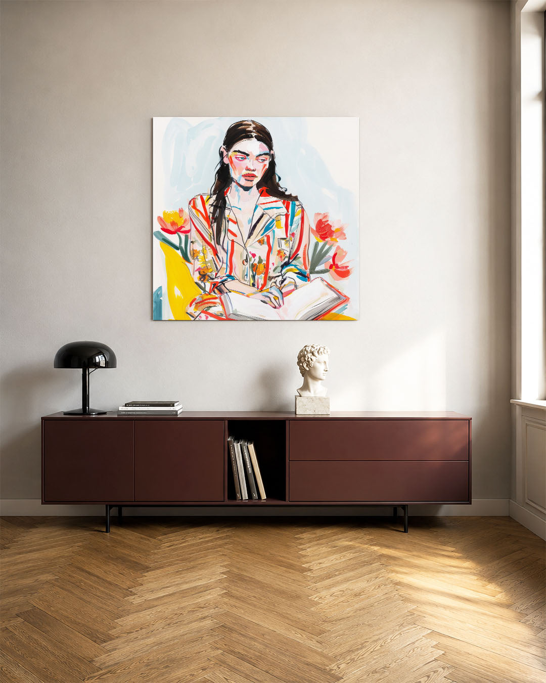 Kleurrijke portretstudie kunstwerk – tweede productweergave – dit kunstwerk toont een vrouw met een levendig patroon van