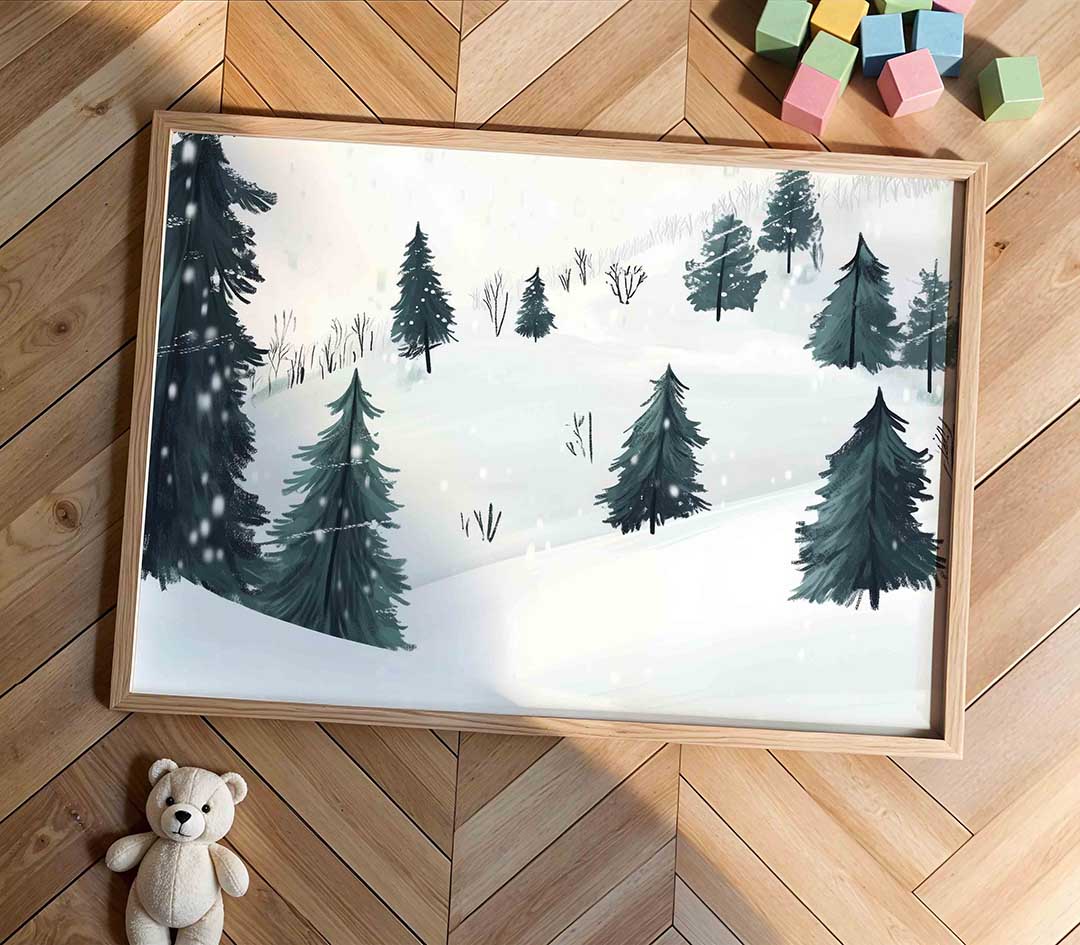 Winterlandschap met dennenbomen – speelse wandkunst als landscape kinderposter