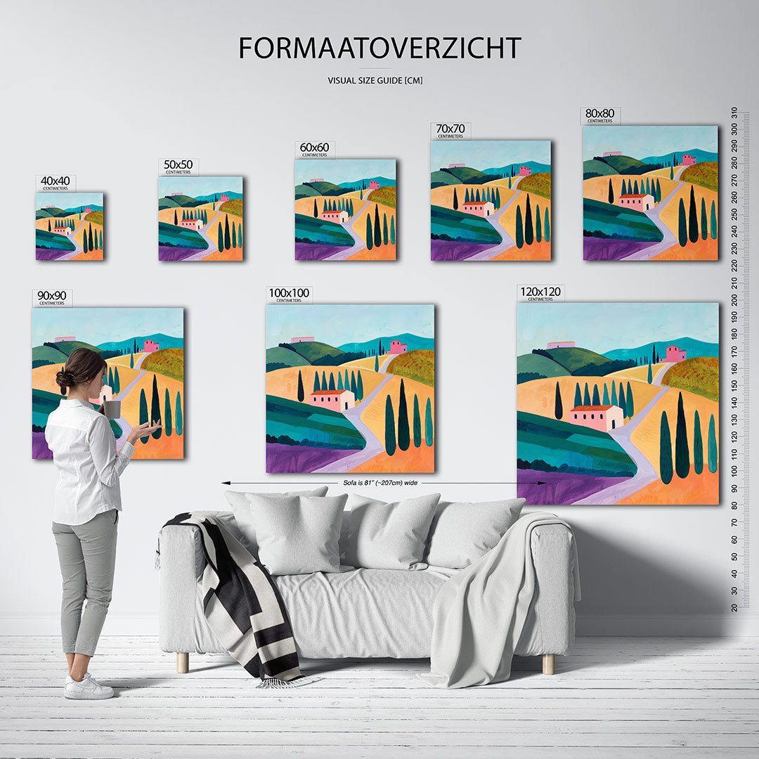 Landschap met heuvels kunstwerk – materiaalweergave – dit kunstwerk toont een kleurrijk landschap met glooiende heuvels en