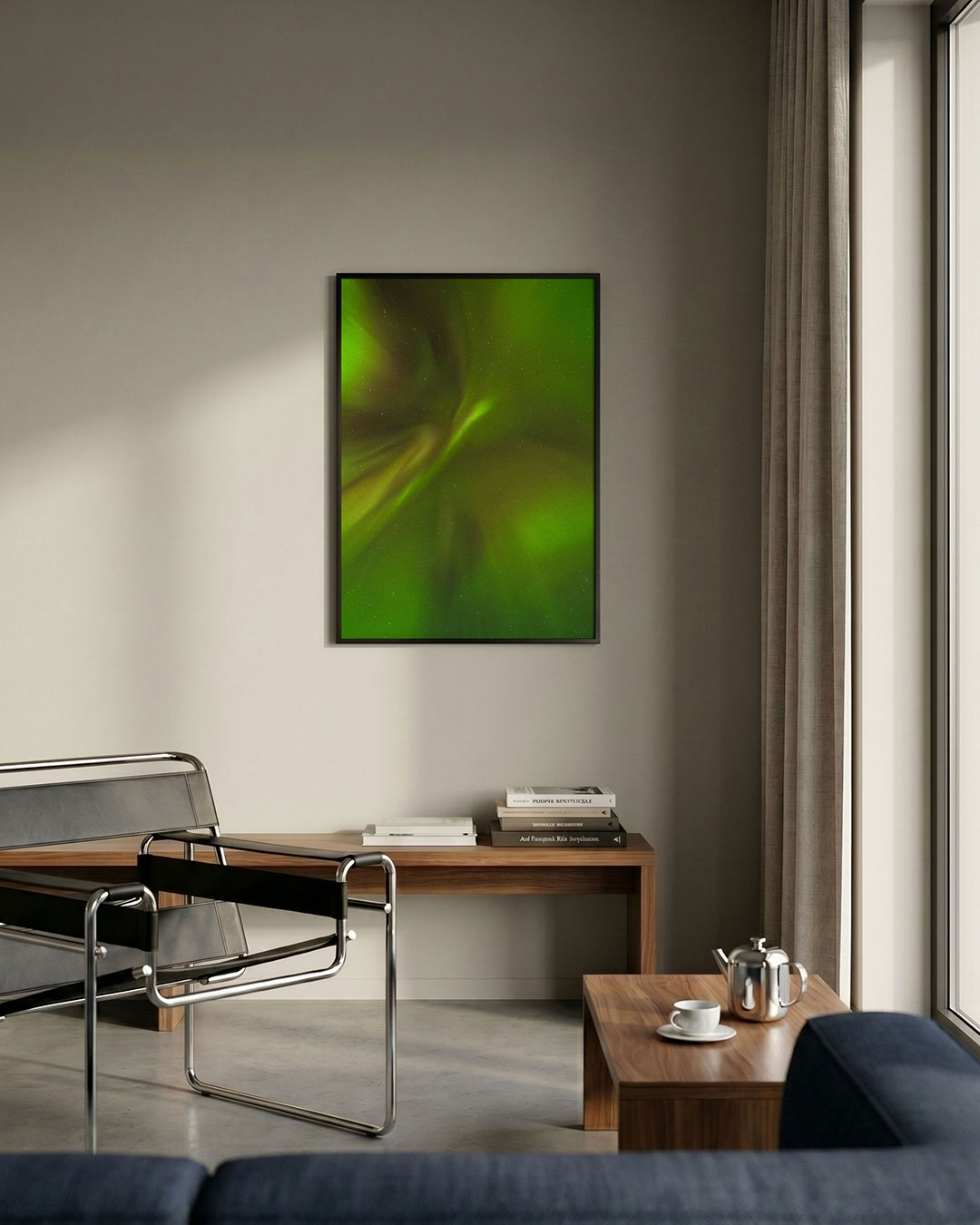 Groene lichtslierten poster – detailweergave – deze poster toont een dynamisch spel van groene lichtslierten tegen een