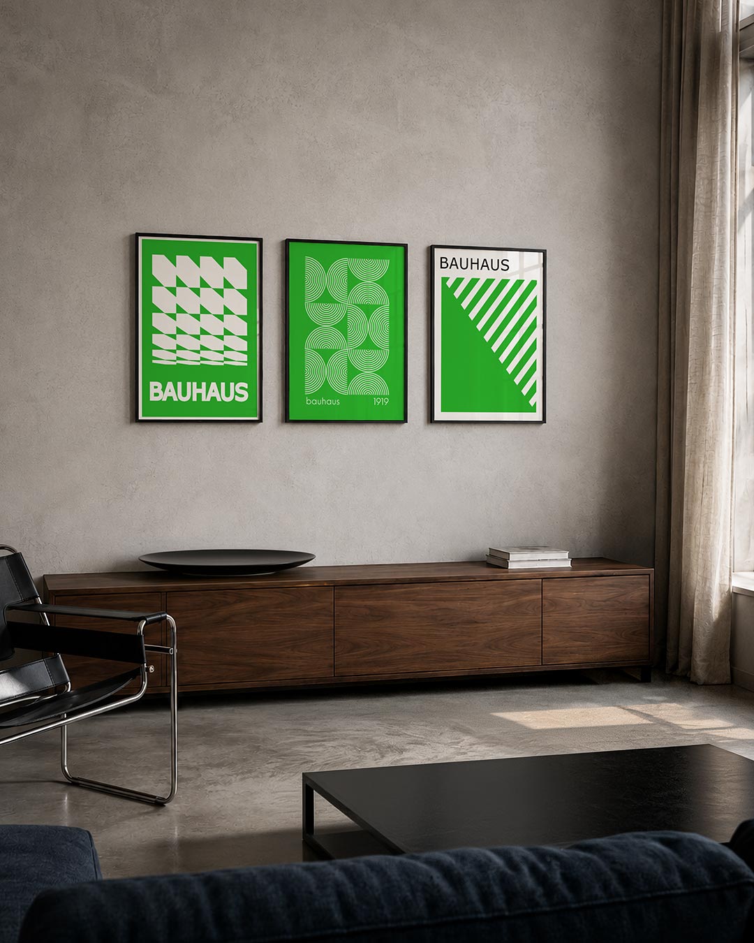Groene vlakkenritme driedelige posterset – deze posterset in drie delen toont een levendig spel van groene en witte vlakken.
