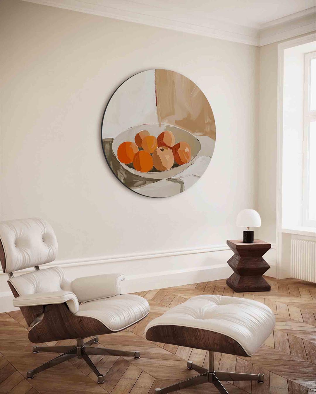 Sinaasappels in schaal – moderne ronde wanddecoratie van WallArtistic
