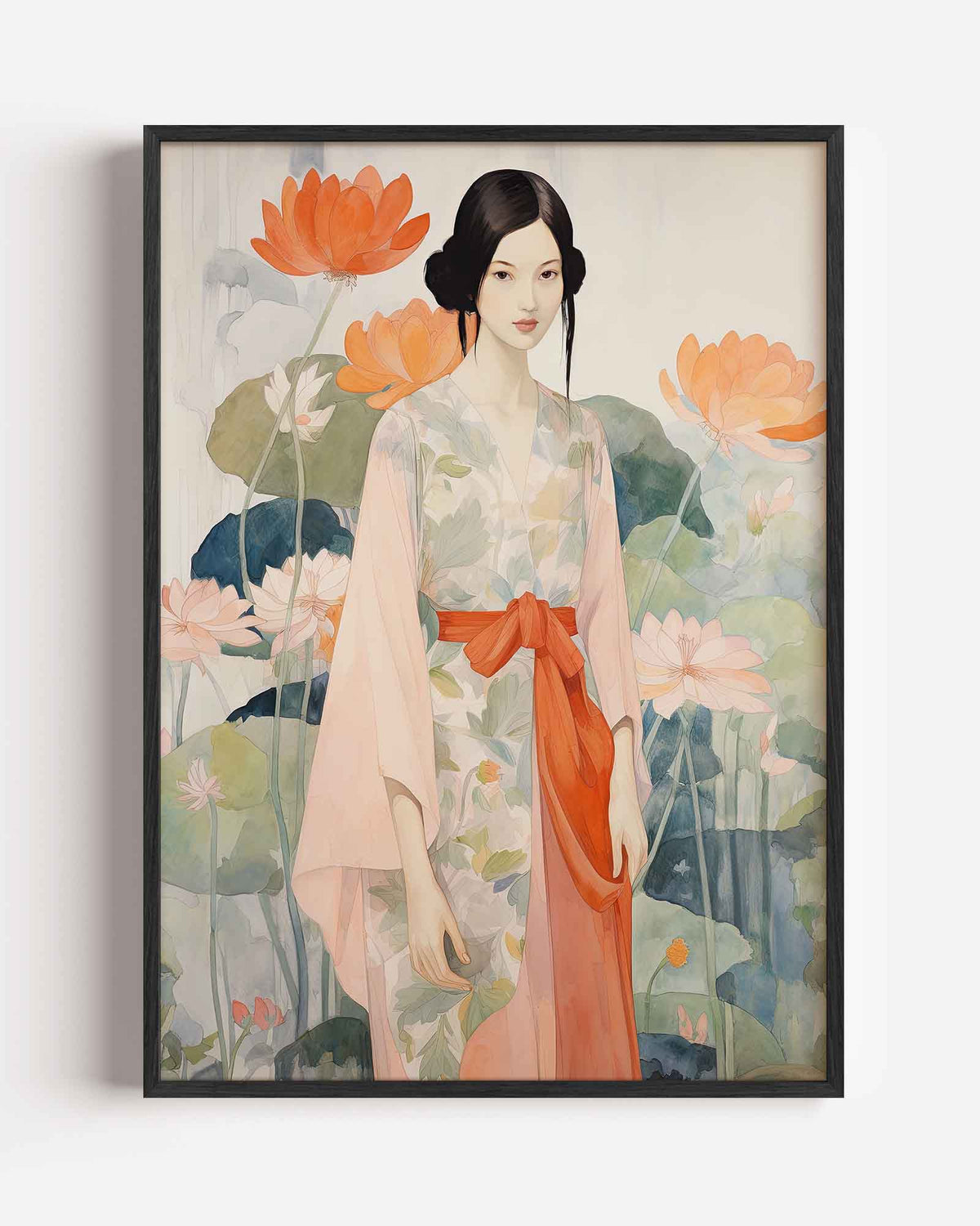 Vrouw met bloemen – Aziatische portret poster als wanddecoratie