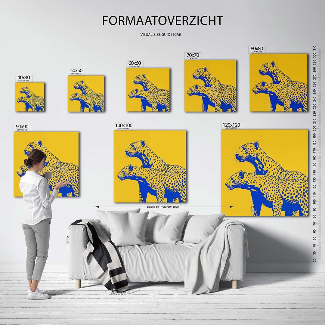 Gestileerde luipaarden kunstwerk – dit werk toont twee gestileerde luipaarden in een opvallende compositie van blauw en geel