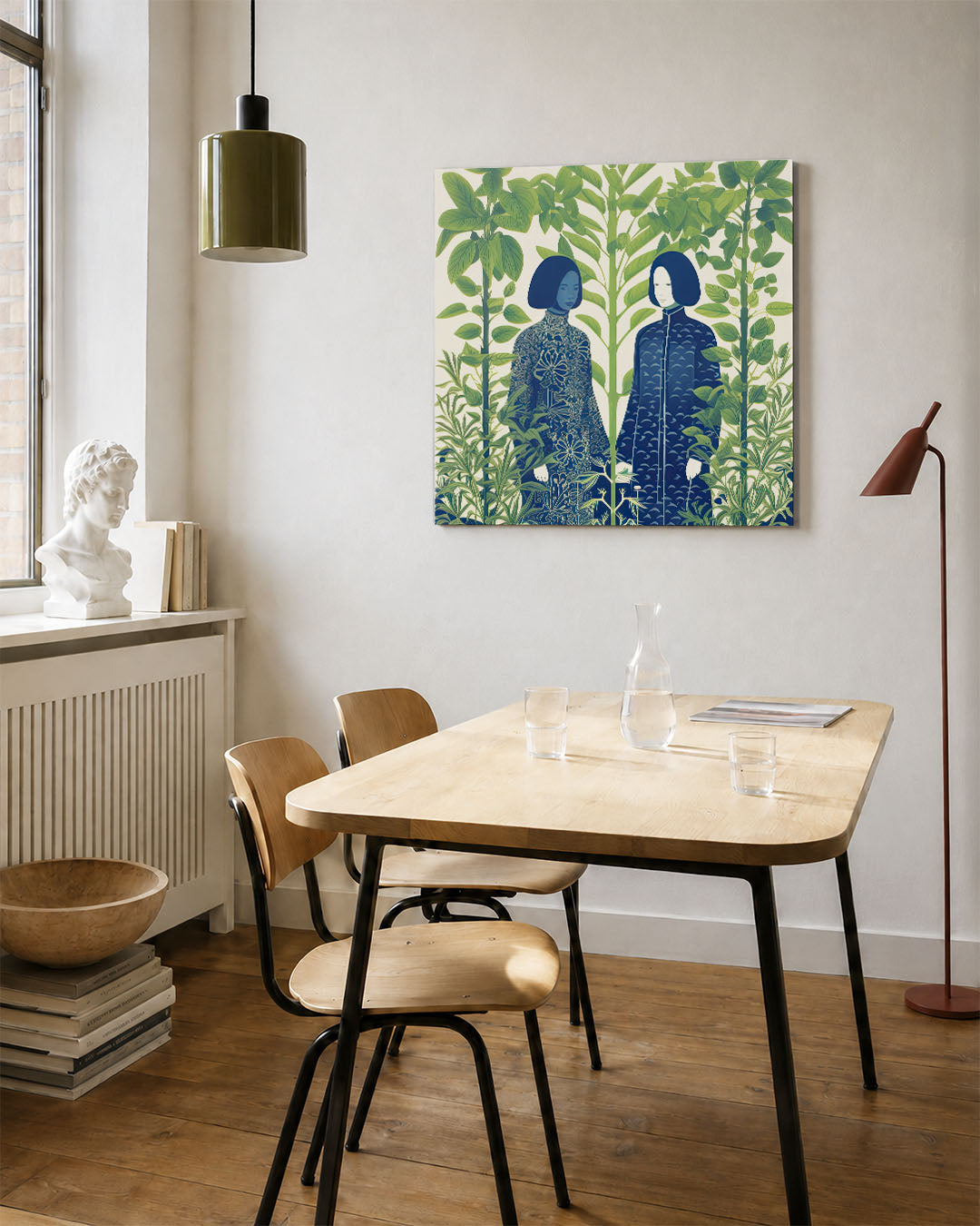 Natuurlijke harmonie kunstwerk – vierkante wanddecoratie – dit kunstwerk toont twee figuren omringd door weelderige groene