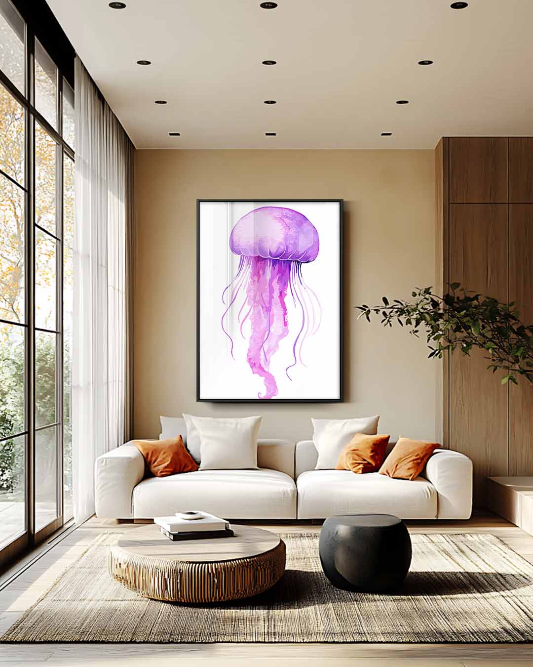Dromerige Paarse Kwallenprent – plexiglas wanddecoratie in portret formaat