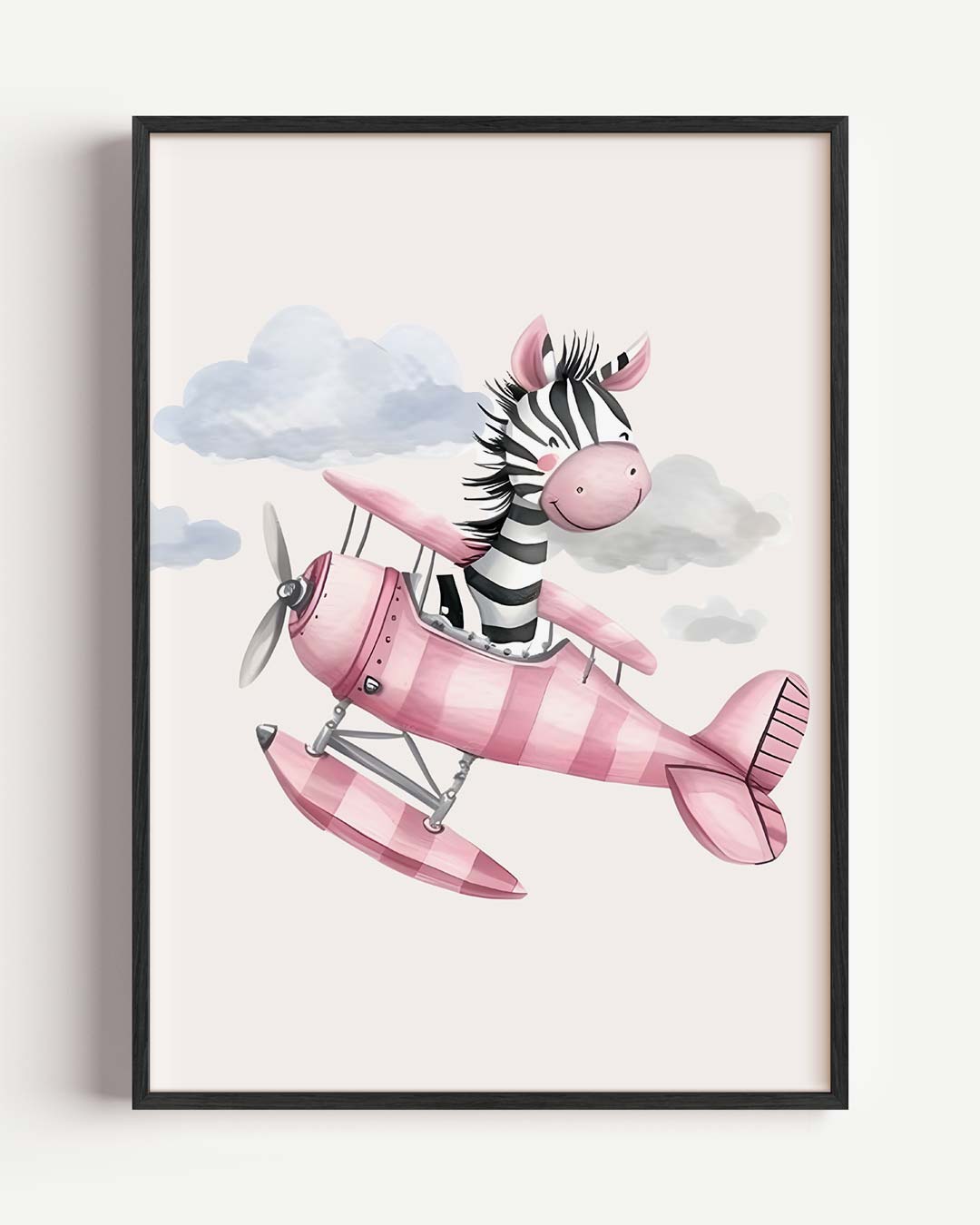 Dromerige Zebra in het Vliegtuig – kids portret poster als wanddecoratie