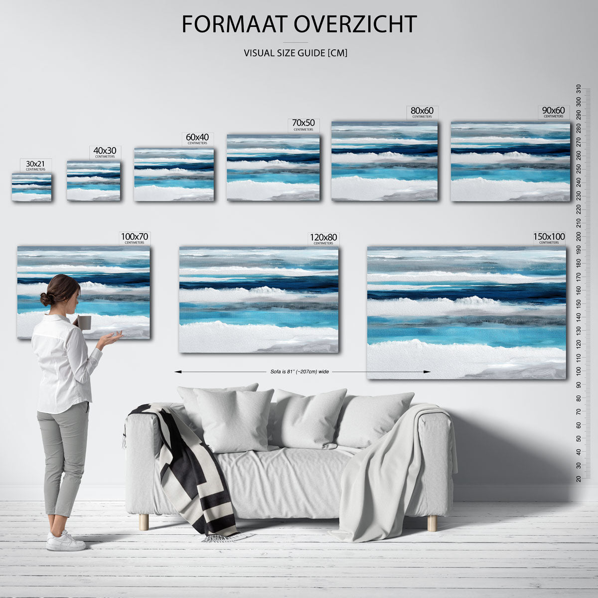 Blauwe en grijze strepen – liggende muurposter met abstracte vormen