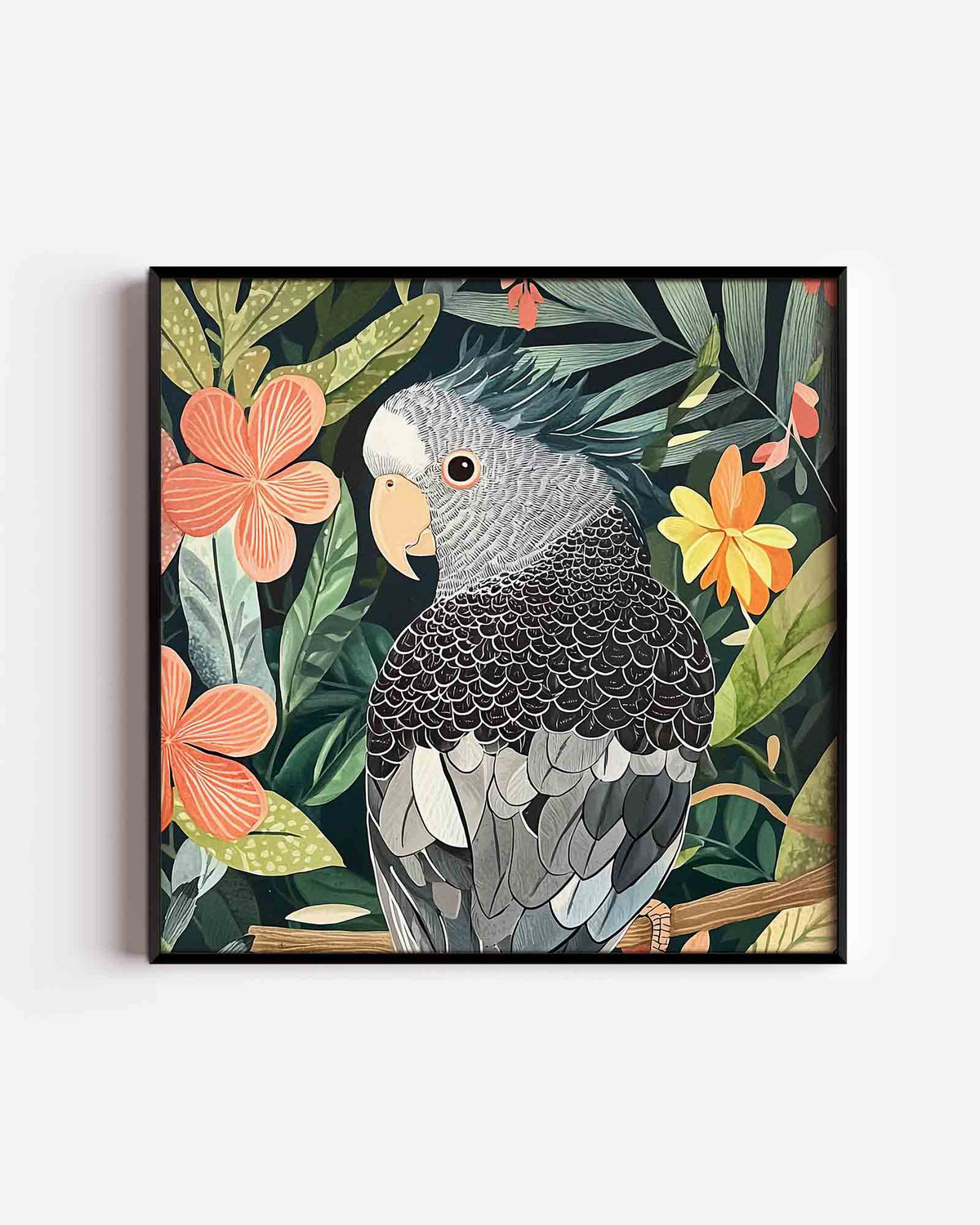 Papegaai en bloemen – jungle vierkante poster als wanddecoratie