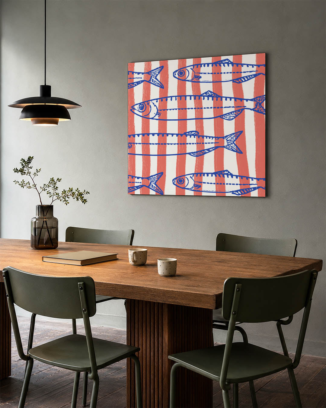 Vissen en strepen kunstwerk – tweede productweergave – dit kunstwerk toont blauwe vissen tegen een achtergrond van oranje