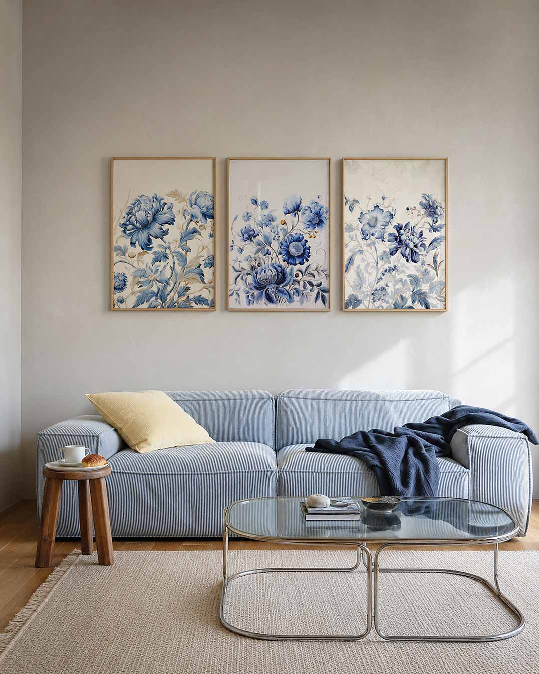 Bloemenpracht in blauw posterset – tweede productweergave – deze posterset in drie delen toont sierlijke blauwe bloemen