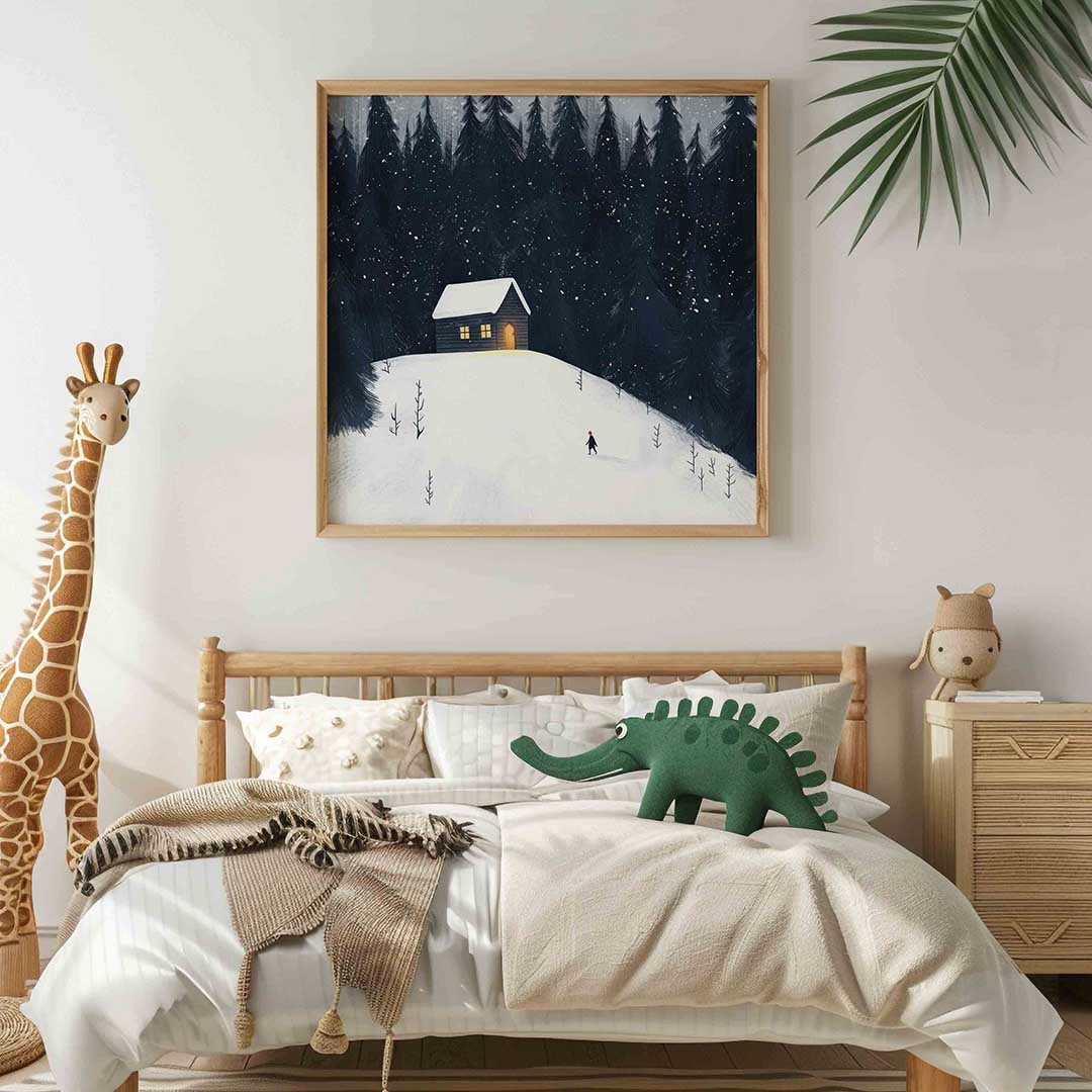Sneeuwlandschap met huis – vierkante kinderkamer wanddecoratie van WallArtistic