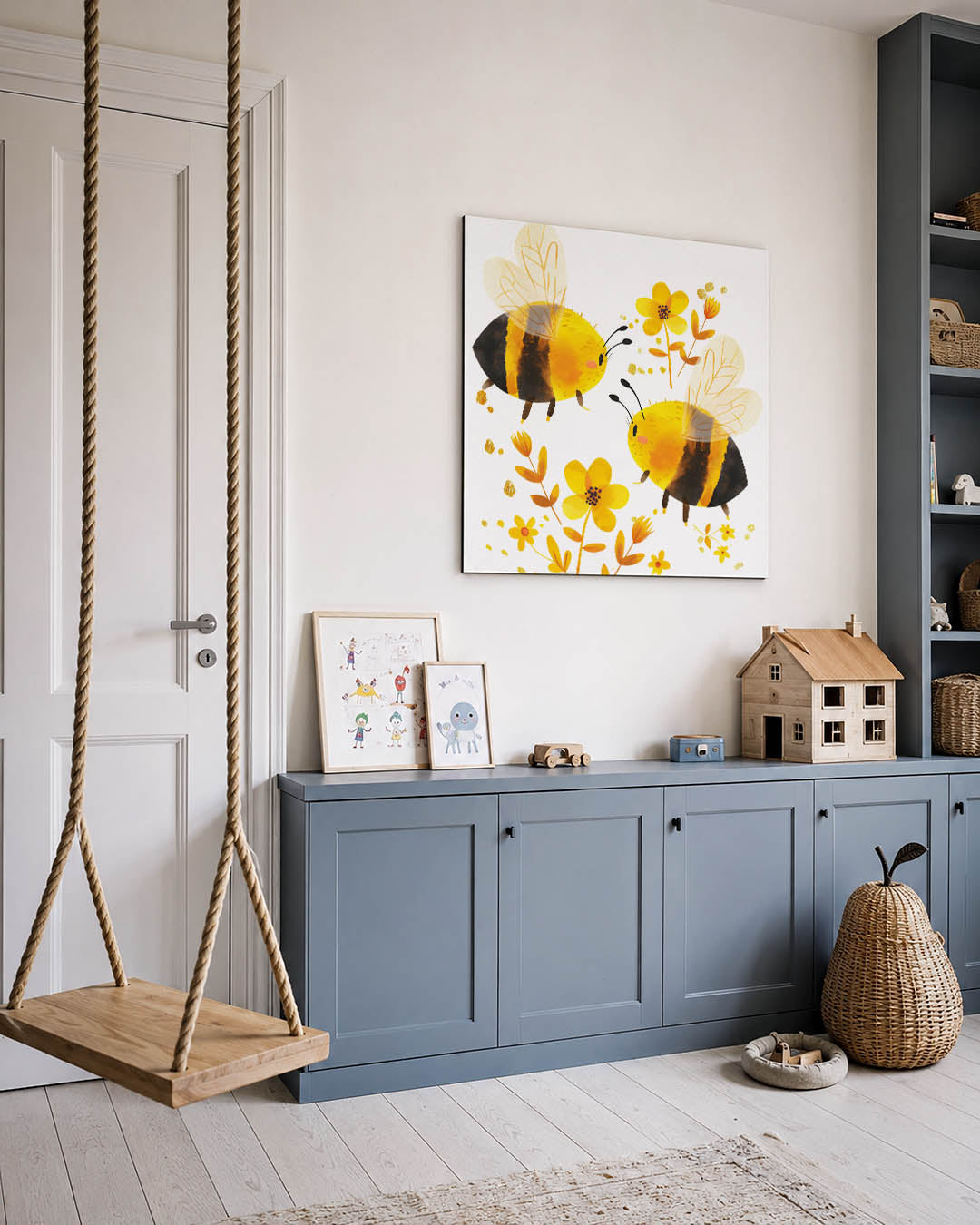 Vrolijke bijen en bloemen kunstwerk – vierkante wanddecoratie – dit werk toont twee speelse bijen omringd door levendige