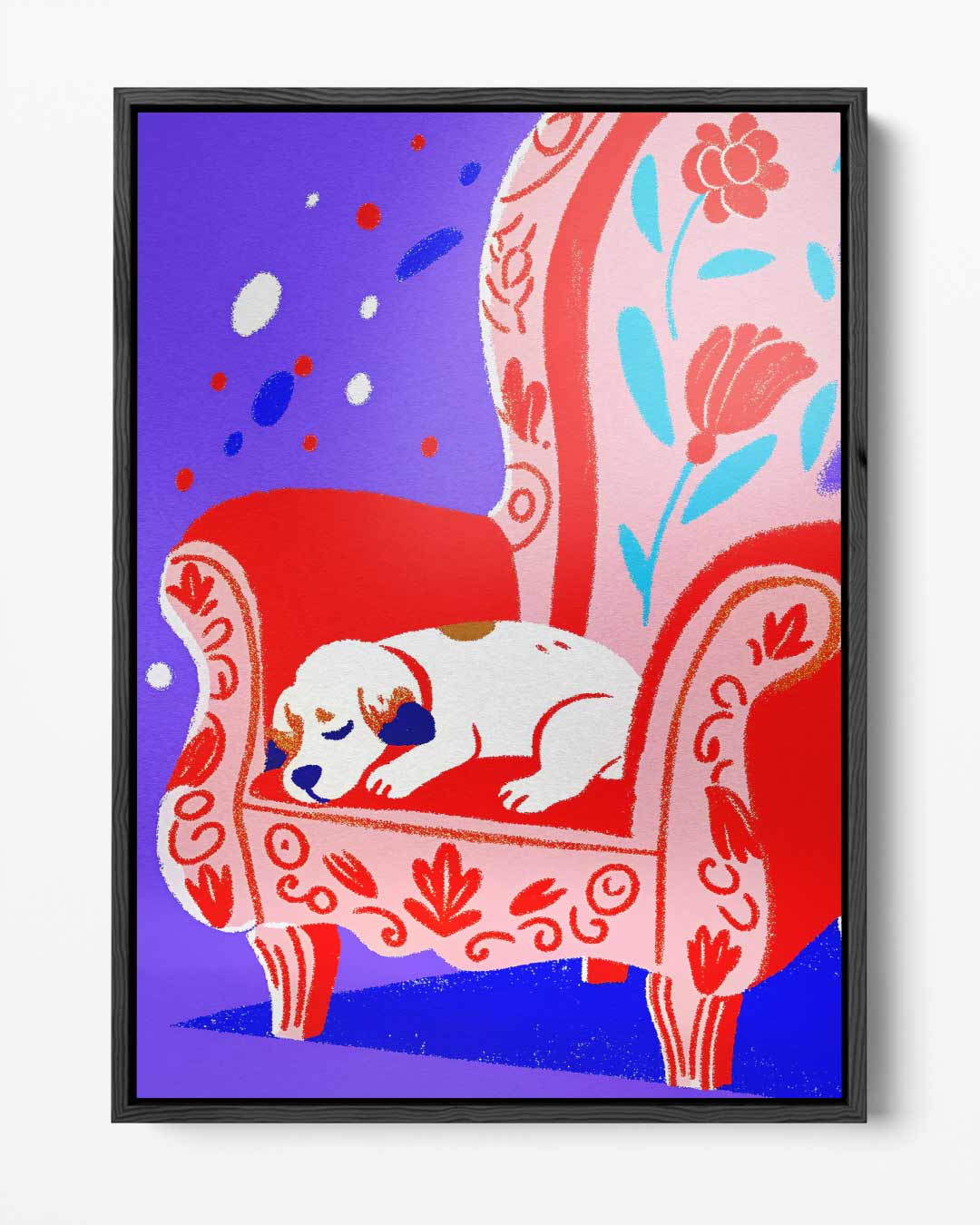 Slapende Hond op Rood Stoel – portret kunstwerk als wanddecoratie
