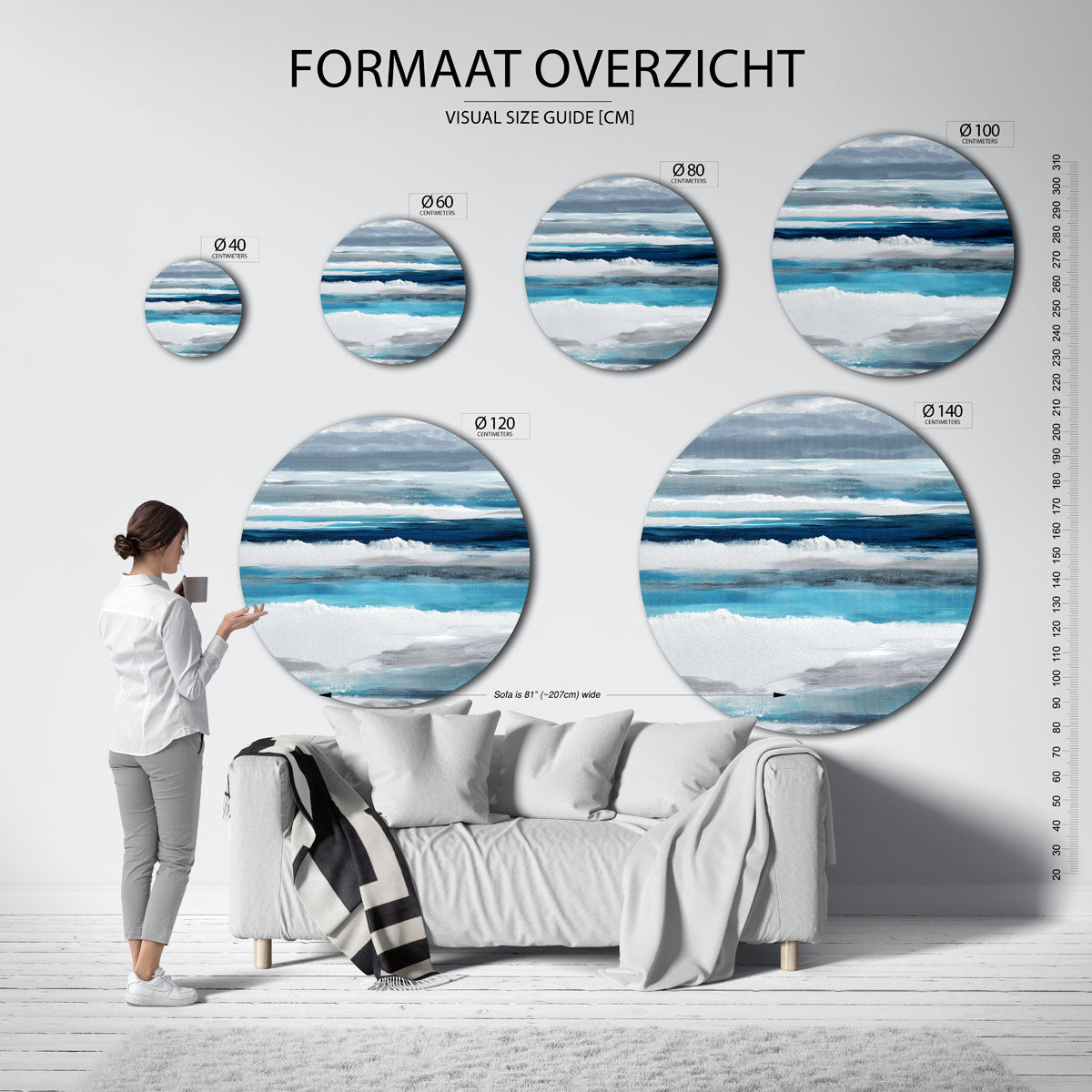 Blauwe zee – ronde muurdecoratie met vrouwelijk portret
