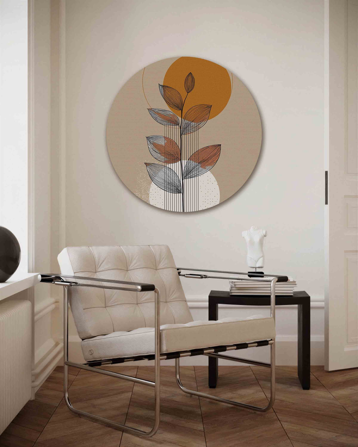 Bladeren en cirkels – abstracte muurcirkel als ronde wanddecoratie