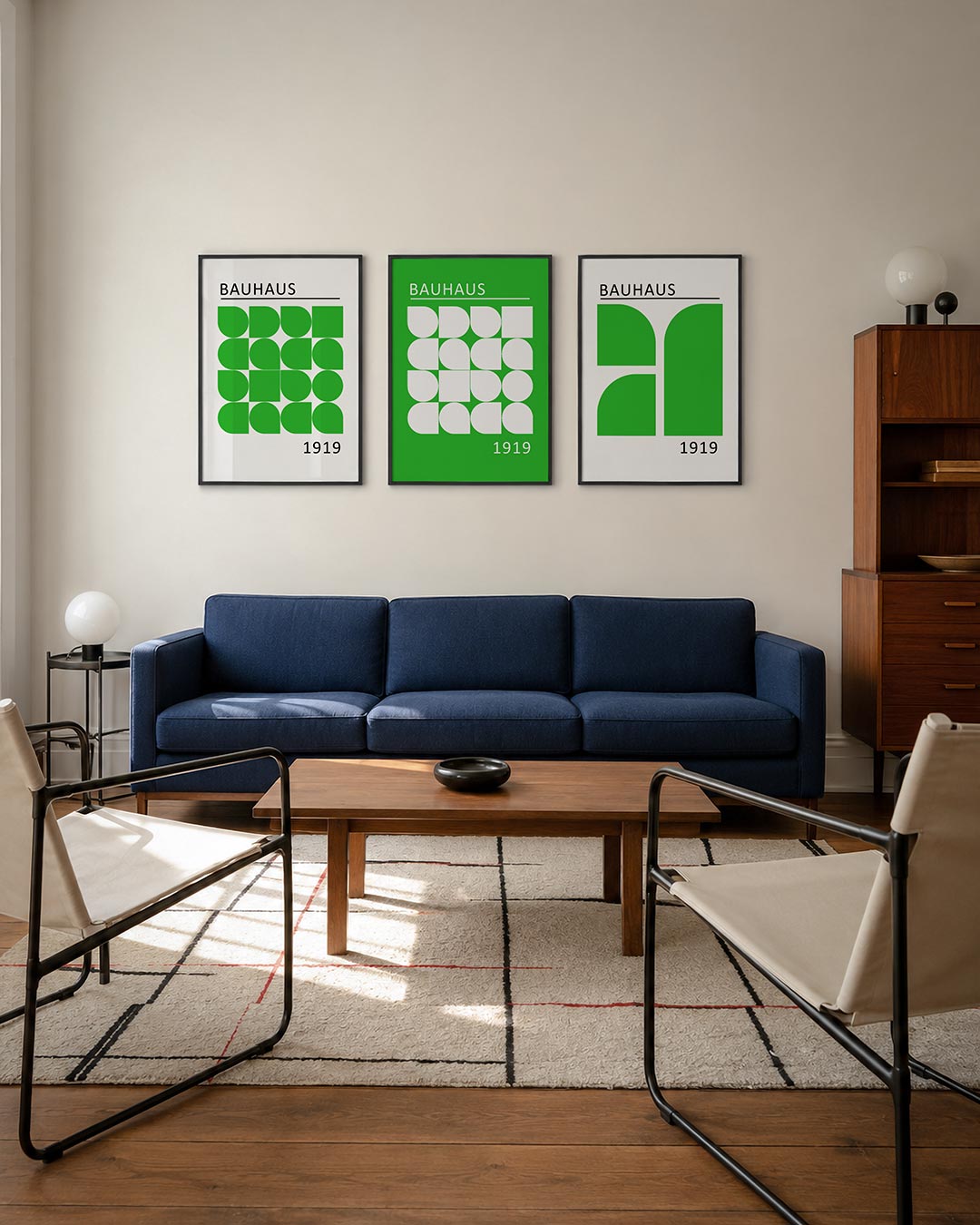 Groene vormenritme posterset – derde productweergave – deze posterset in drie delen toont een speelse ordening van groene