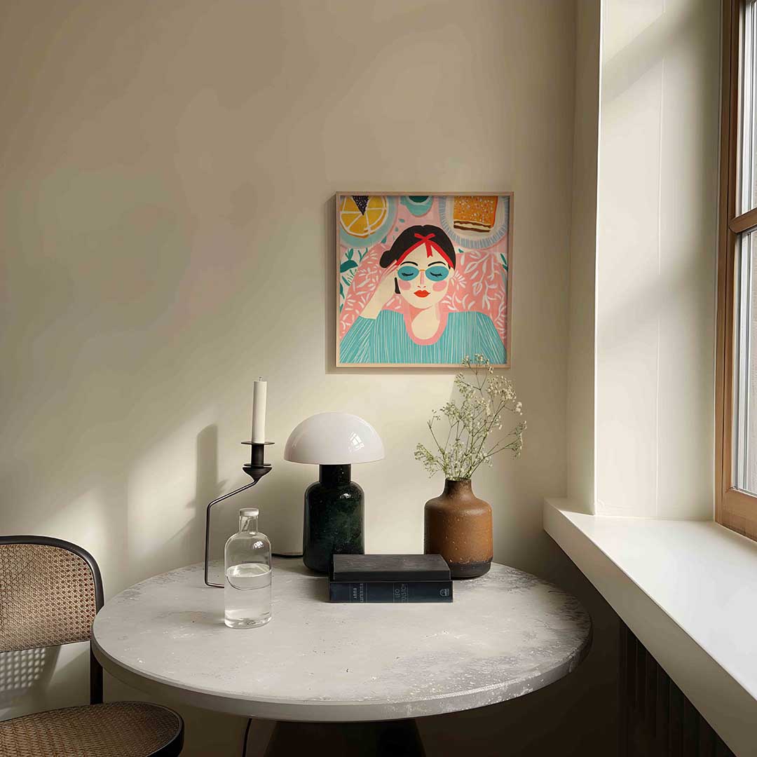 Vrouw met zonnebril – moderne wandkunst als vierkante poster