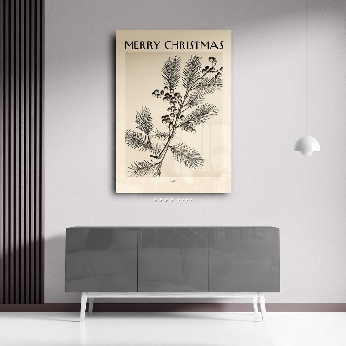 Vintage Kerstkaart met Dennen en Bessen – plexiglas kunstwerk als wanddecoratie
