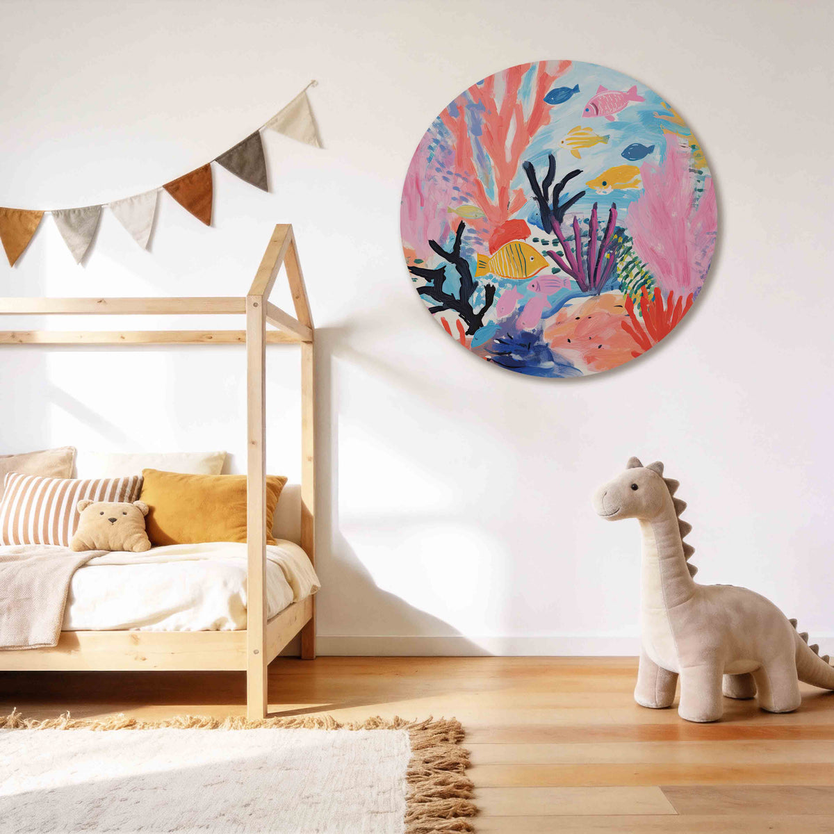 Vrolijke vissen en koraal Muurcirkel – tweede productweergave – De muurcirkel toont kleurrijke vissen en koraal in levendige