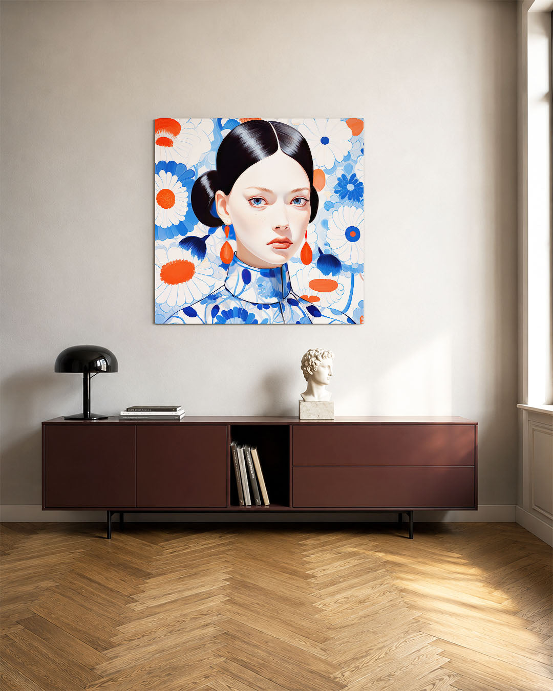 Vrouwelijk portret bloemen kunstwerk – tweede productweergave – dit kunstwerk toont een vrouwelijk portret met een