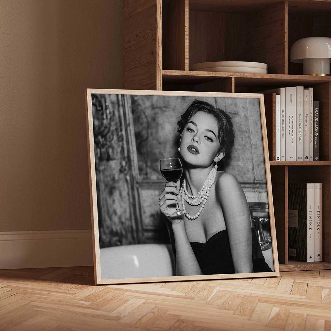 Vrouw met wijnglas – vierkante Pop Art wanddecoratie van WallArtistic