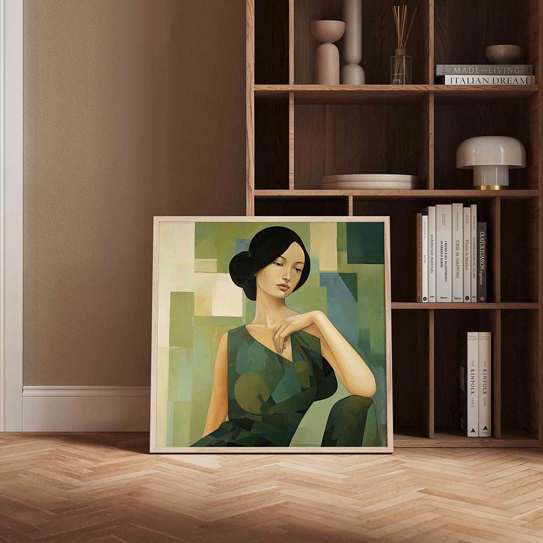 Vrouw in groene tinten – kleurrijke vierkante wanddecoratie van WallArtistic