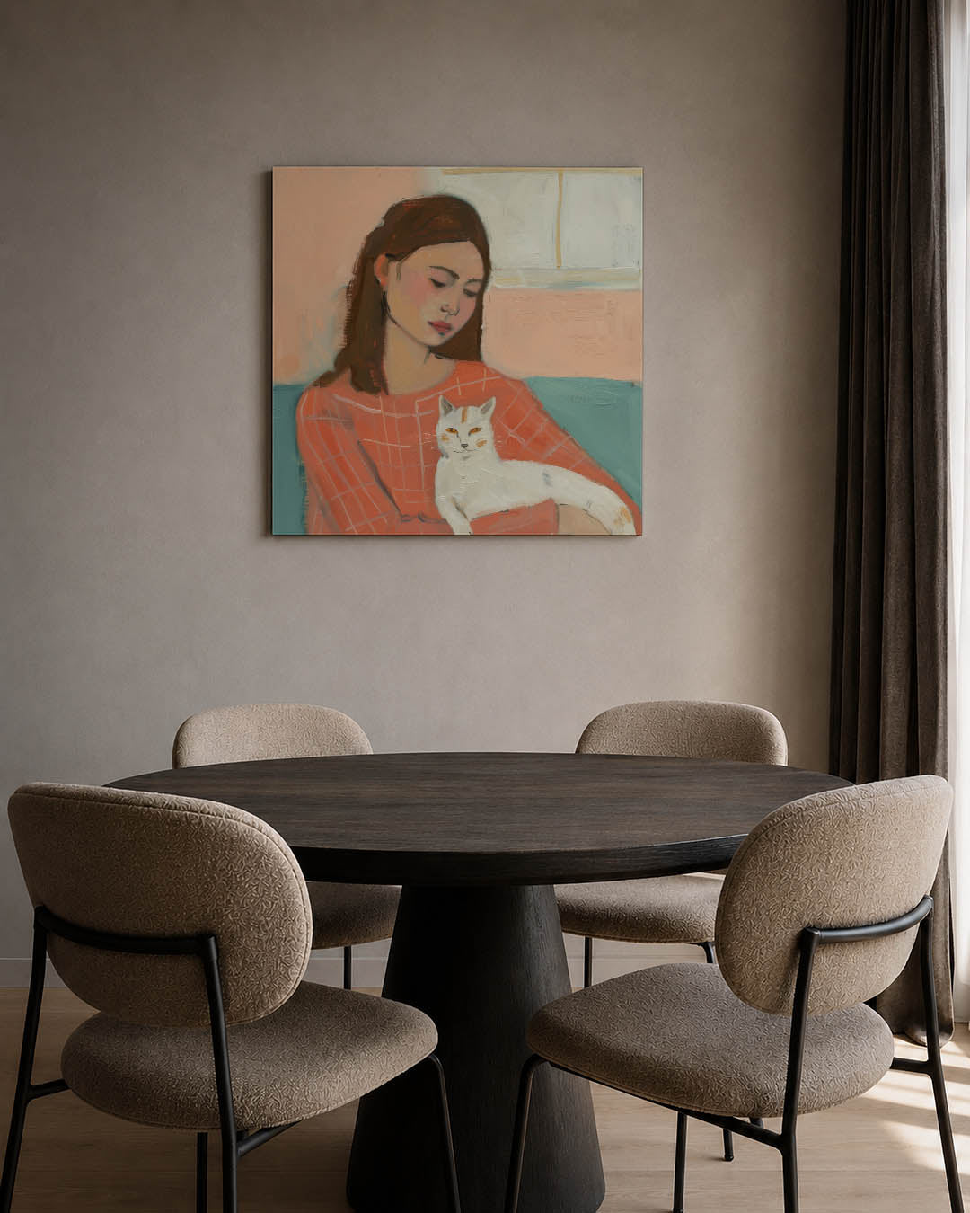 Vrouw met kat kunstwerk – tweede productweergave – dit kunstwerk toont een vrouw met een kat op schoot. De zachte kleuren en