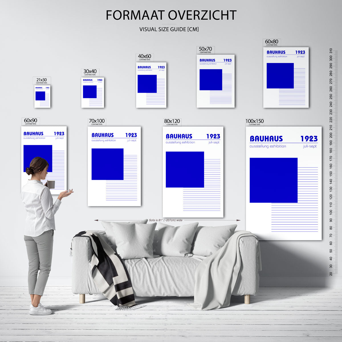 Blauw vlakritme – geometrische poster in Bauhaus-stijl van WallArtistic