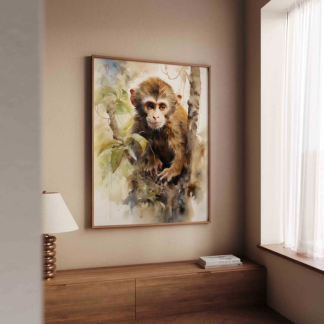 Jonge aap in boom – tropische wandkunst als portret poster