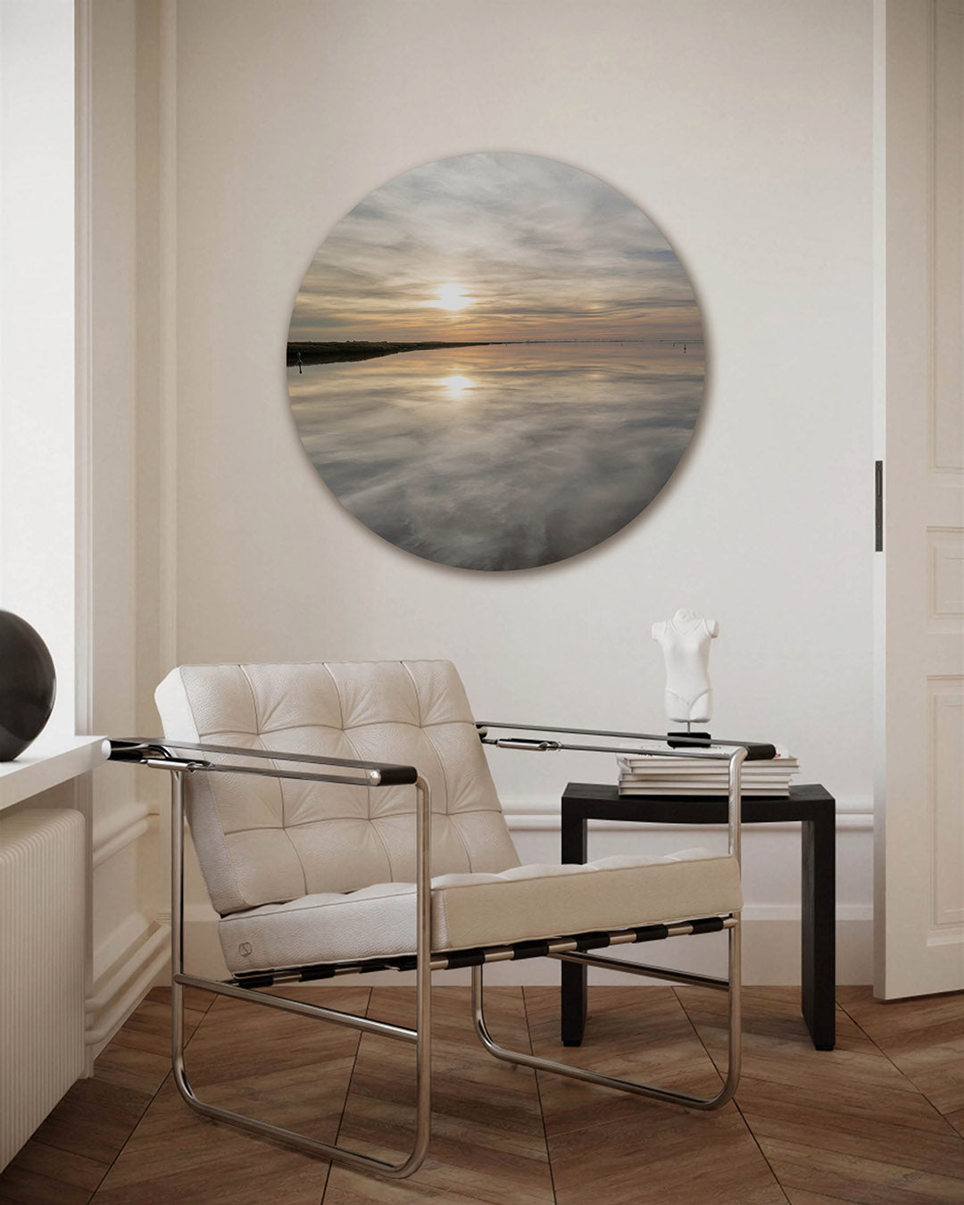 Zonsondergang reflectie – fotografie muurcirkel als ronde wanddecoratie