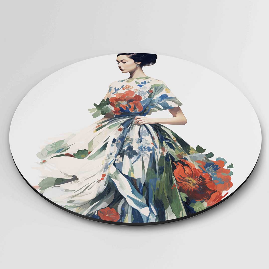 Vrouw met bloemenjurk – ronde textuur wanddecoratie van WallArtistic