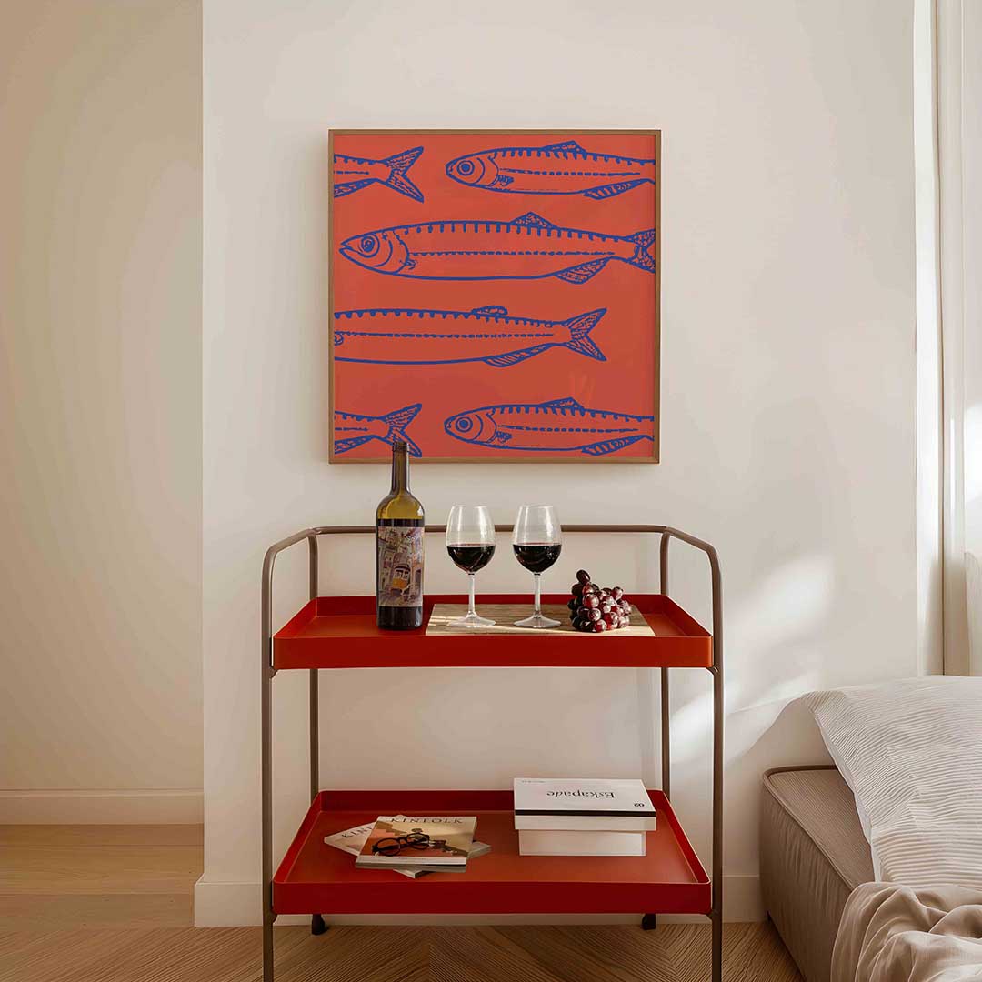 Vissen op rode achtergrond – vierkante keuken wanddecoratie van WallArtistic