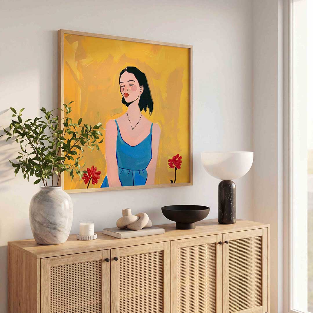Vrouw in blauwe jurk – illustratie poster in vierkant formaat