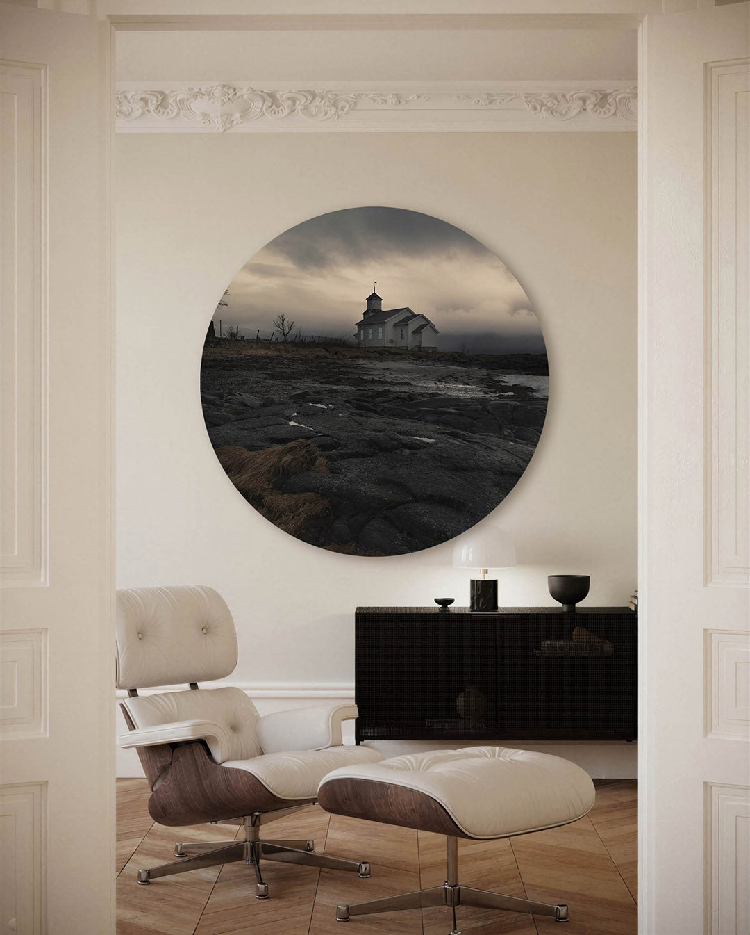 Landschap met gebouw – fotografische muurcirkel voor aan de muur