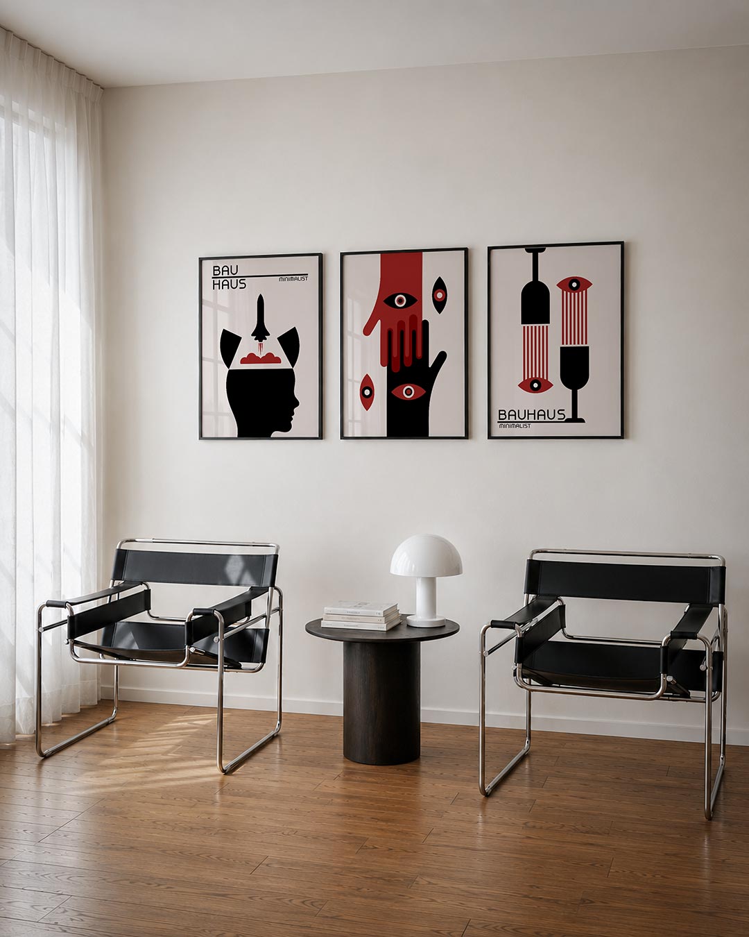 Vorm en ruimte driedelige posterset – een silhouet met een raket en wolken, in zwart en rood op een lichte achtergrond.