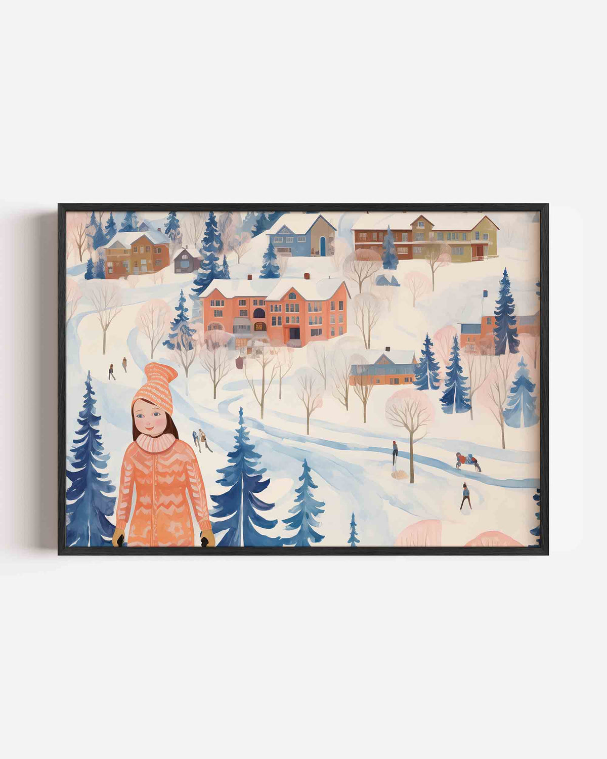 Winterlandschap met huizen – hedendaagse illustratie poster in landscape formaat