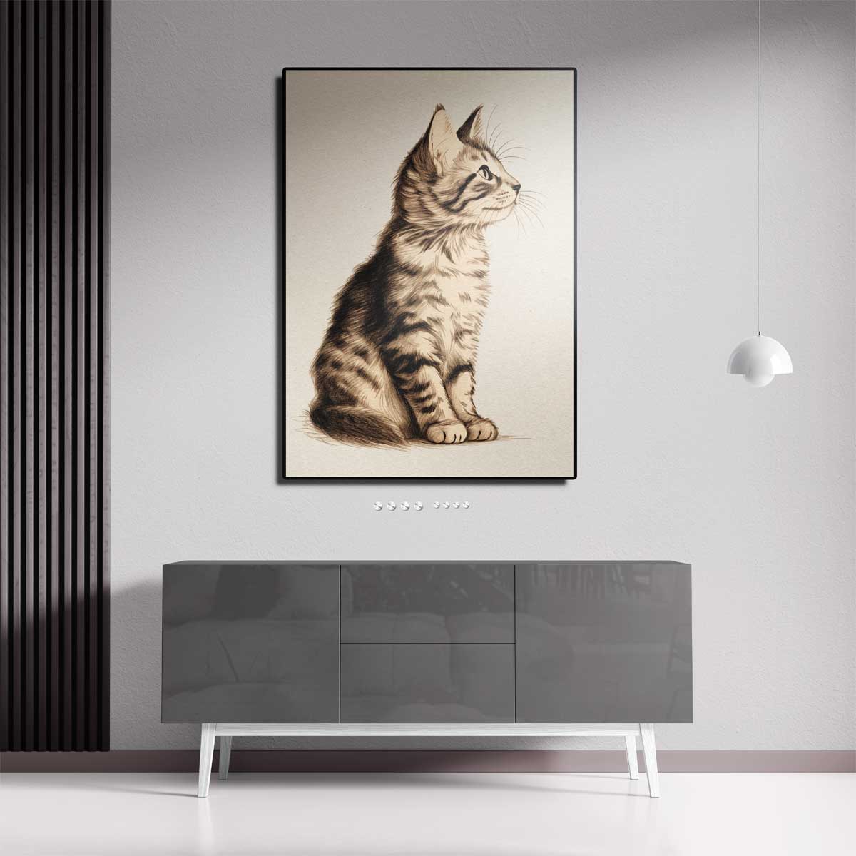 Dromerige Kat in Potlood – staande wandkunst voor woonkamer of interieur
