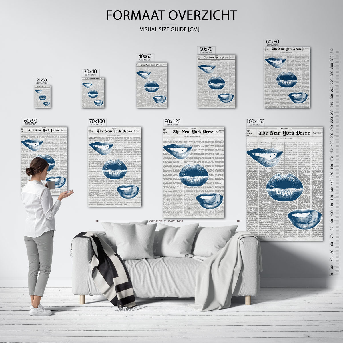 Blauwe lippen op krantenachtergrond – staande muurposter in Pop Art stijl