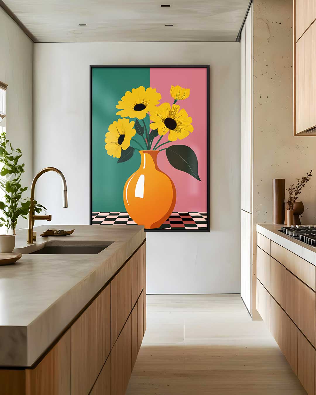 Zonnige Bloemen in Vaas – plexiglas wanddecoratie in portret formaat