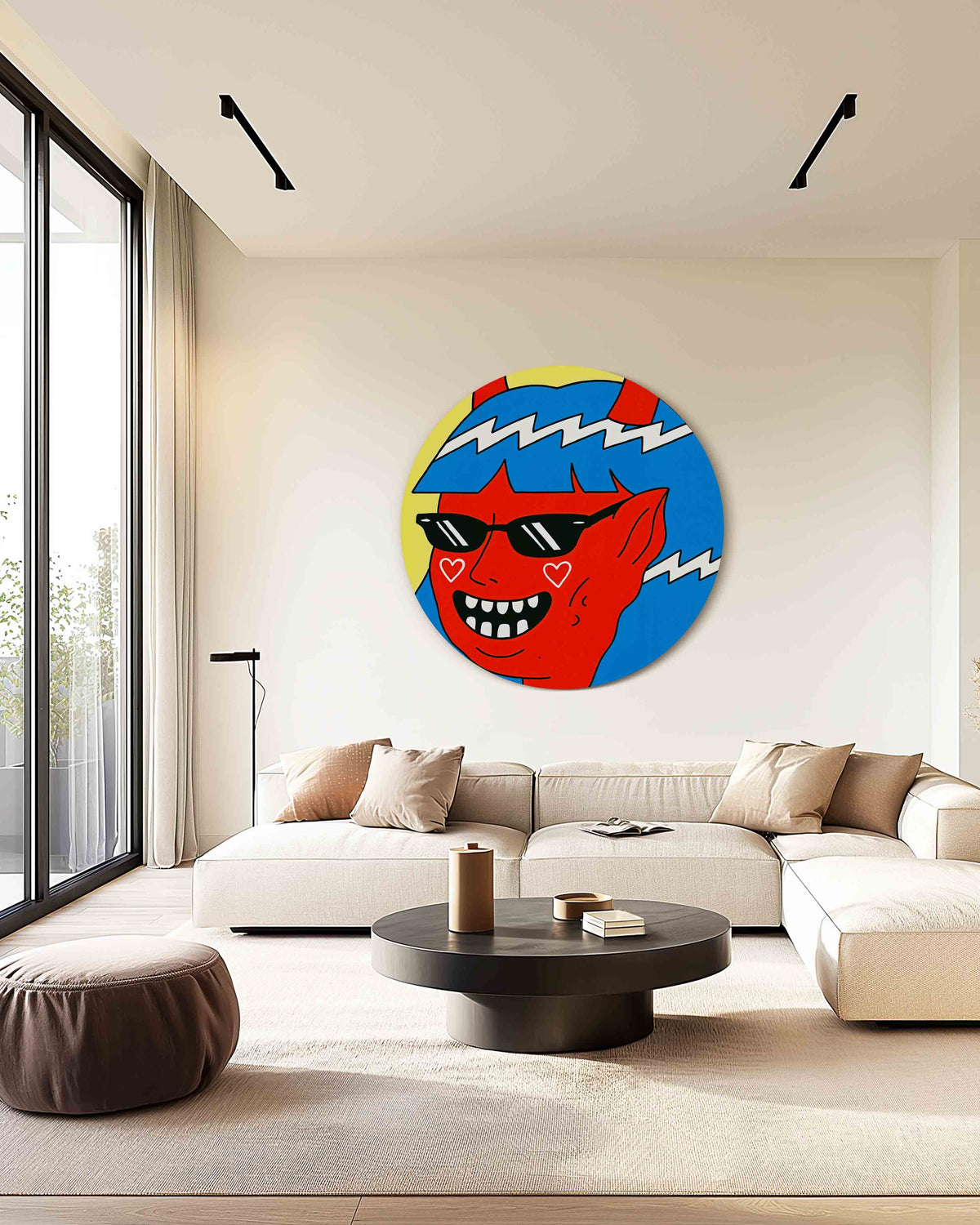 Rode figuur met blauwe haren – safari muurcirkel als ronde wanddecoratie