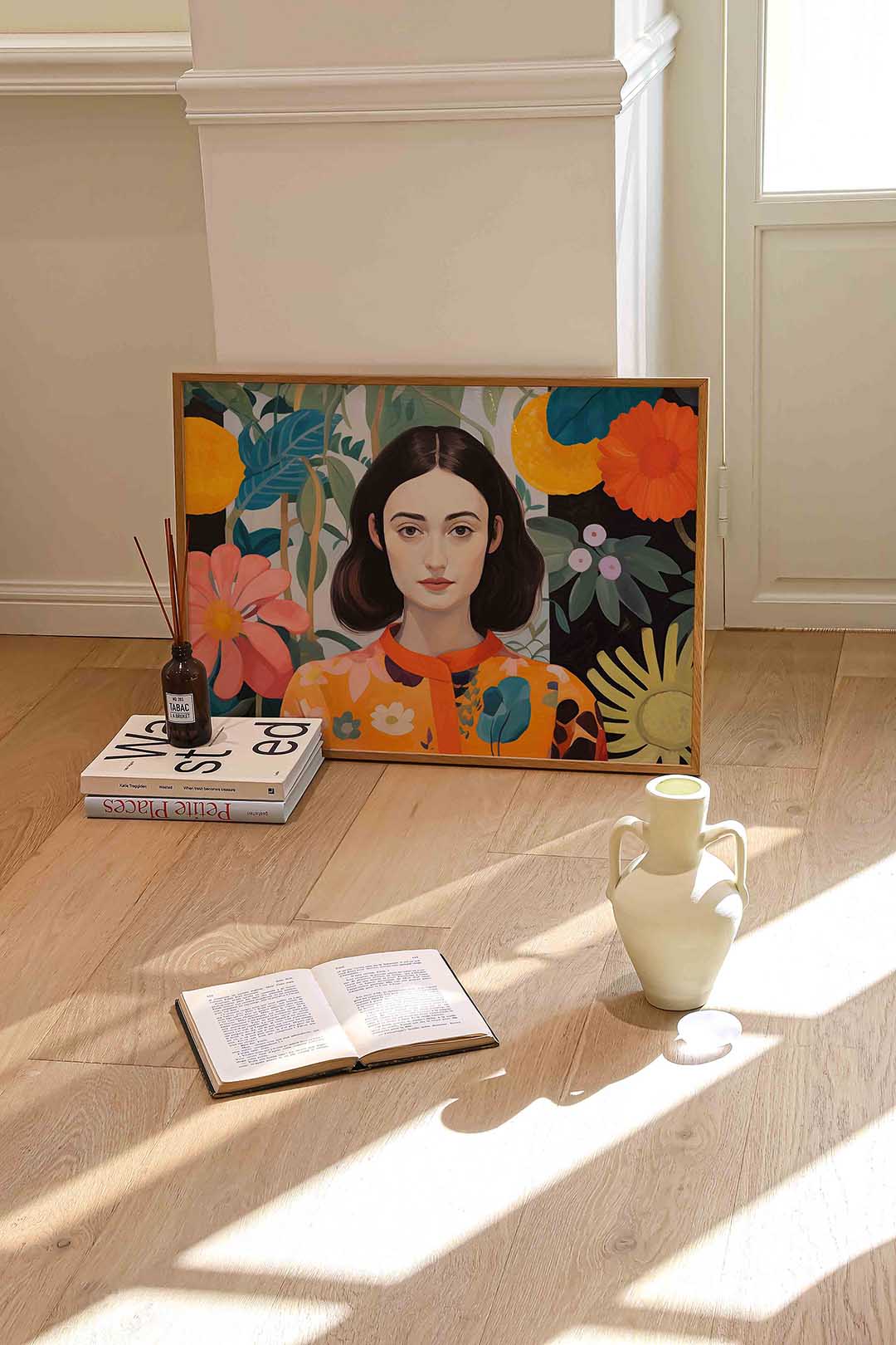 Vrouw met bloemen – liggende portret wanddecoratie van WallArtistic